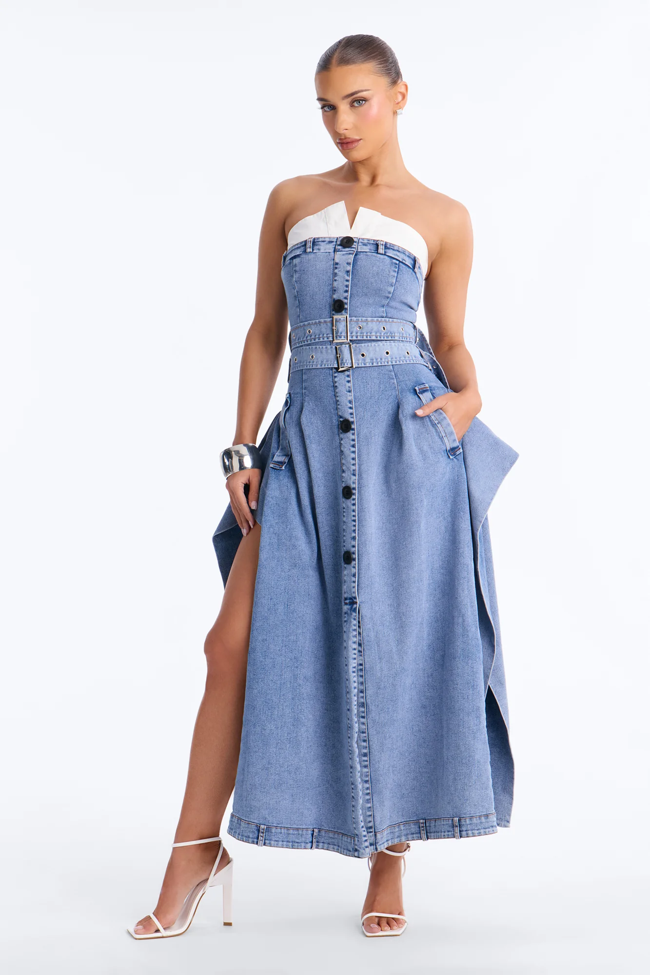 Tailored Grace Denim Maxi Dress - Medium Wash