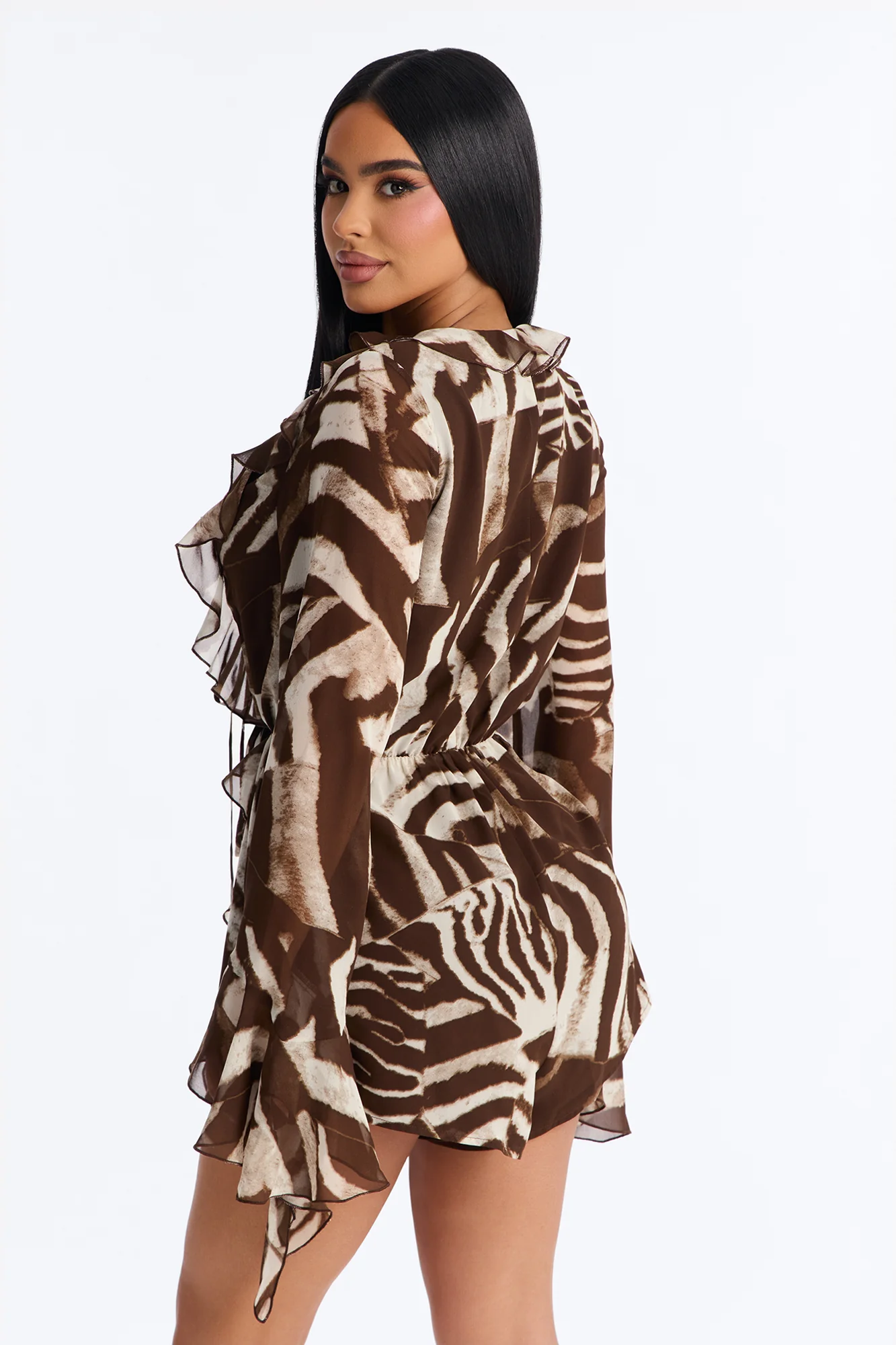 Taiya Ruffle Chiffon Romper - Chocolate - Image 4