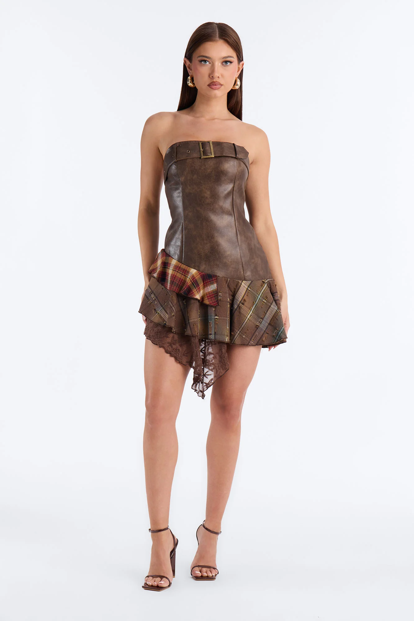 Take A Ride Asymmetrical Faux Leather Mini Dress - Brown/combo