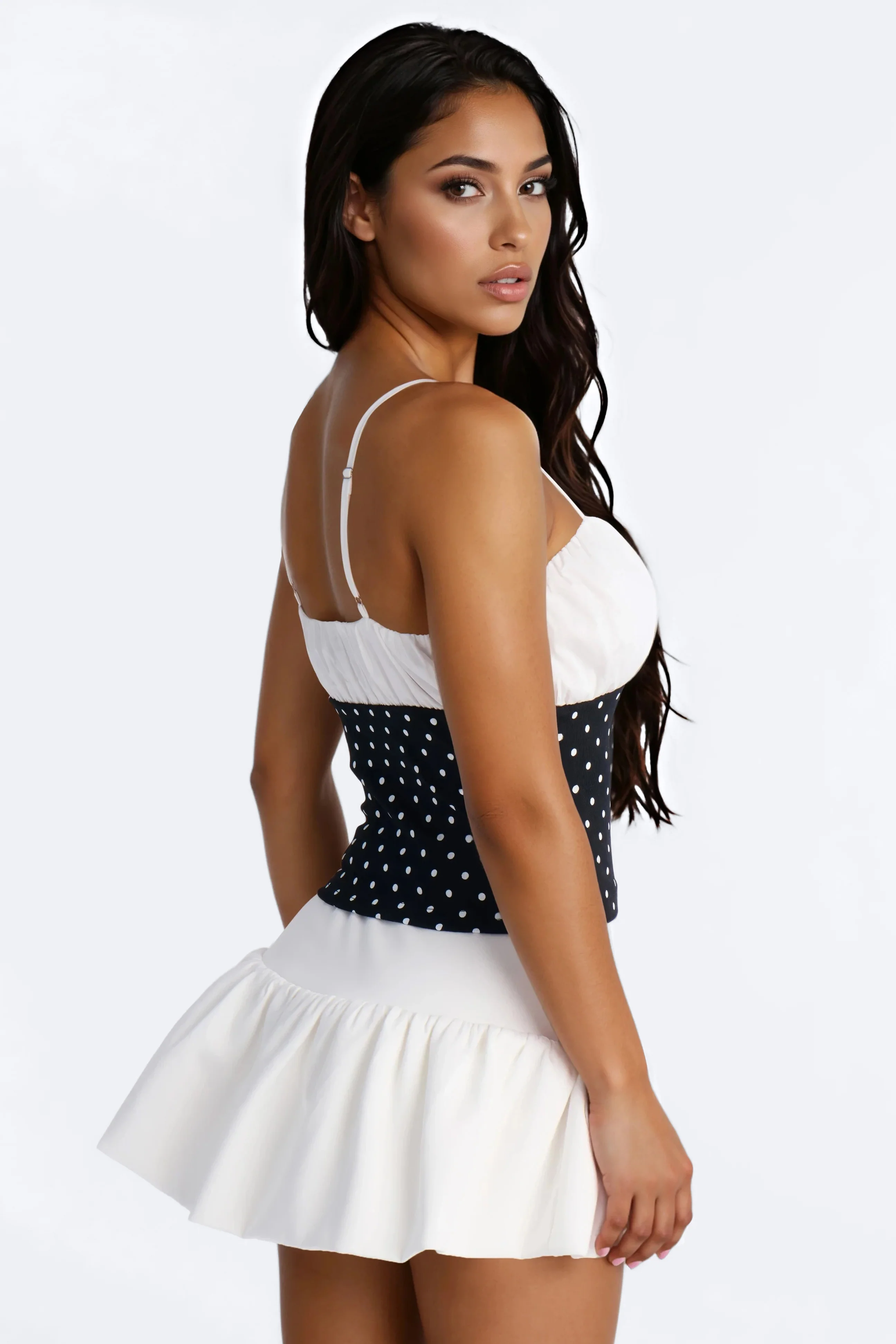 Take Care Polka Dot Ruched Sleeveless Top - Black/White - Image 3