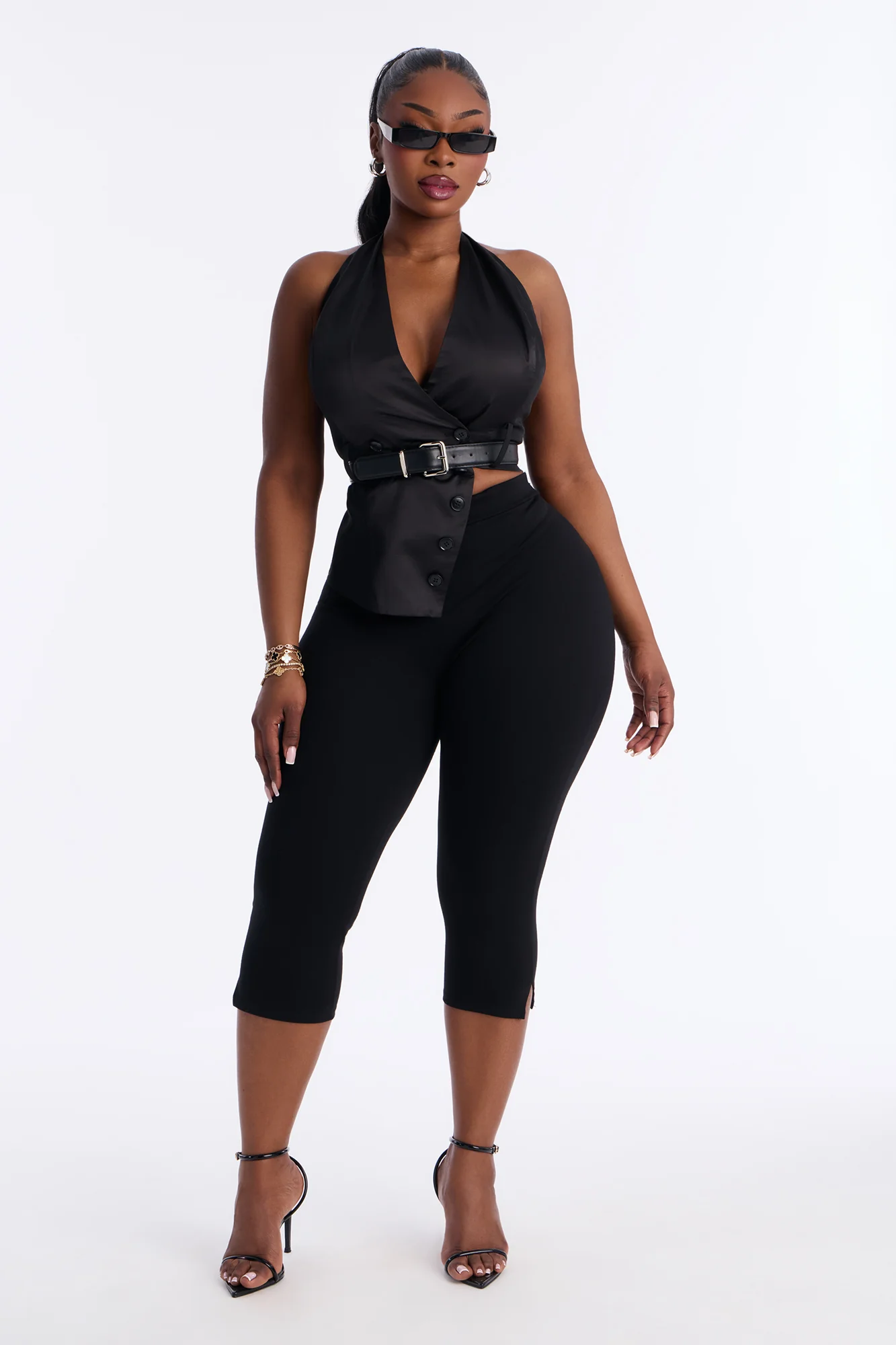 Take The Moment Asymmetrical Belted Satin Halter Top - Black - Image 6