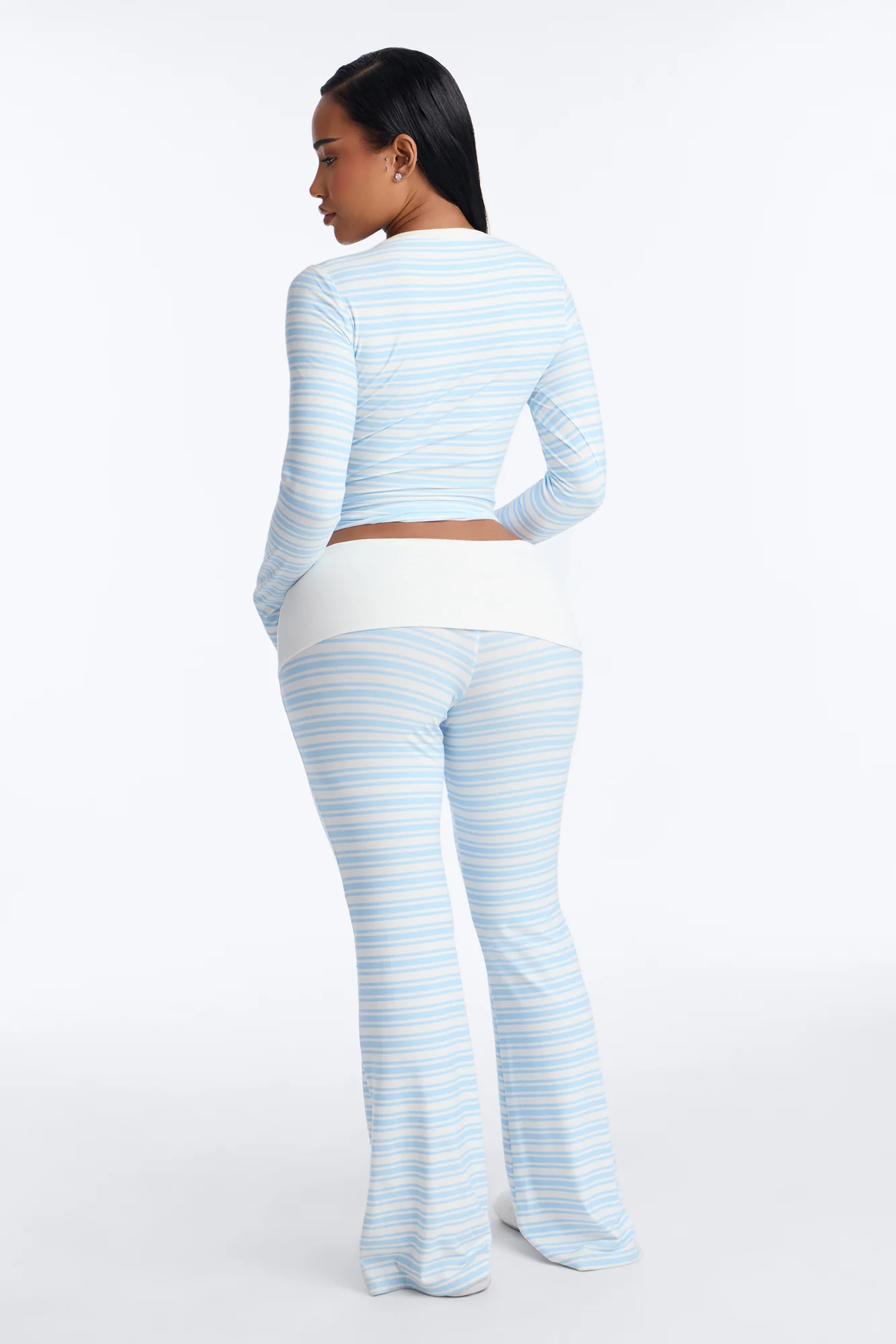Taking A Nap Long Sleeve Foldover Flare Leg PJ Pant Set - Light Blue - Image 3