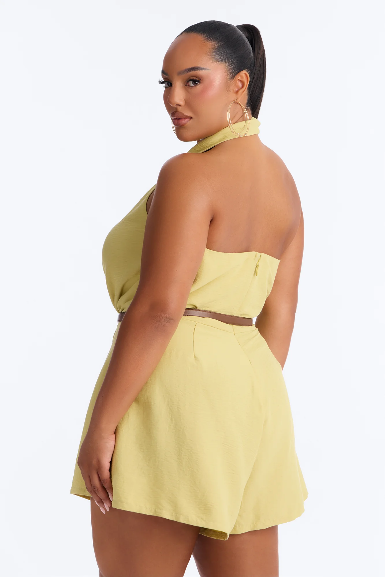 Talia Cowl Belted Micro Romper - Chartreuse - Image 8