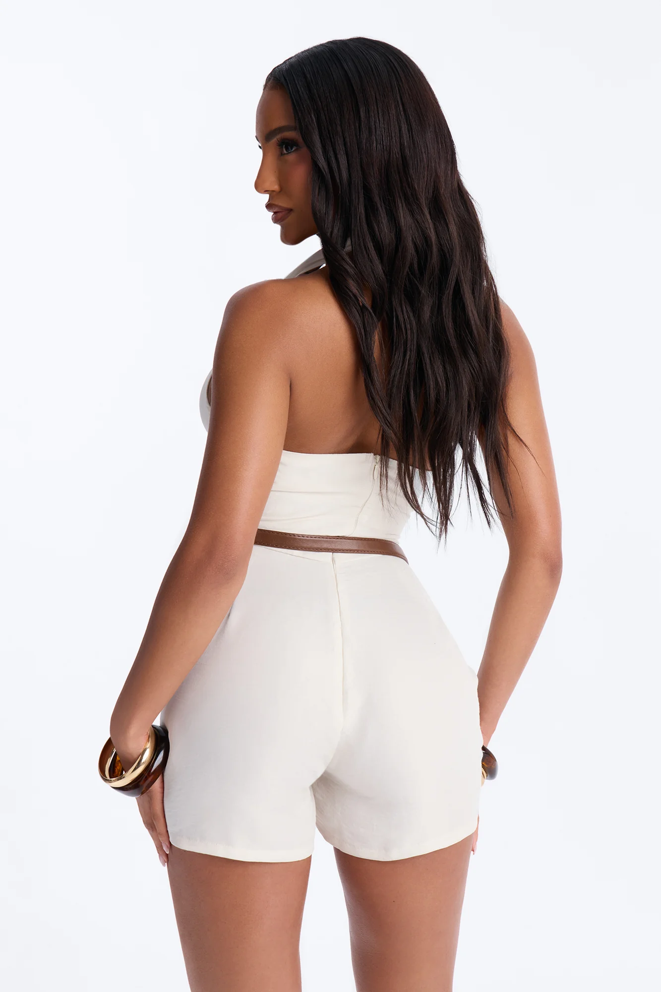 Talia Cowl Belted Micro Romper - Off White - Image 4