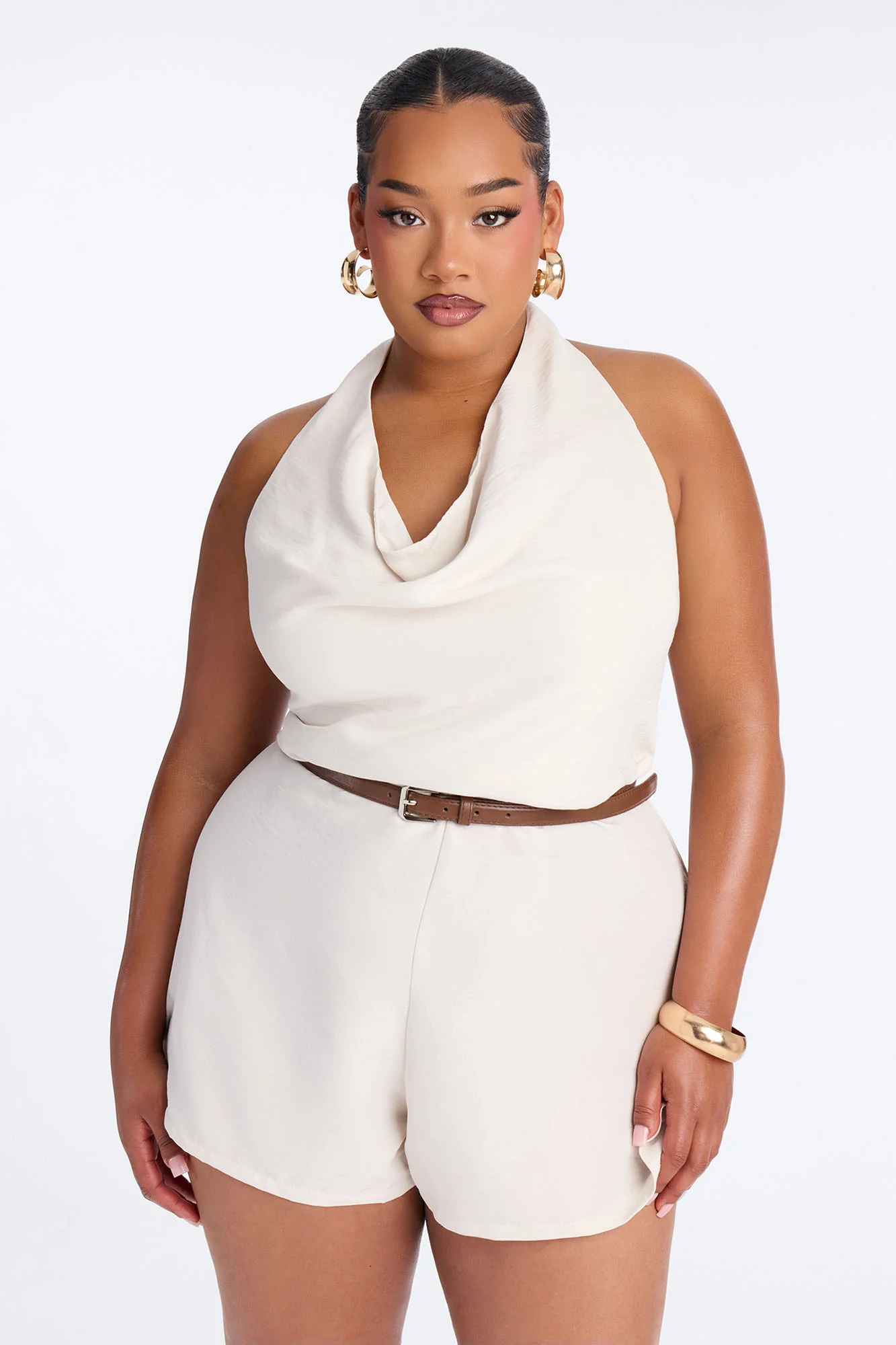 Talia Cowl Belted Micro Romper - Off White - Image 5