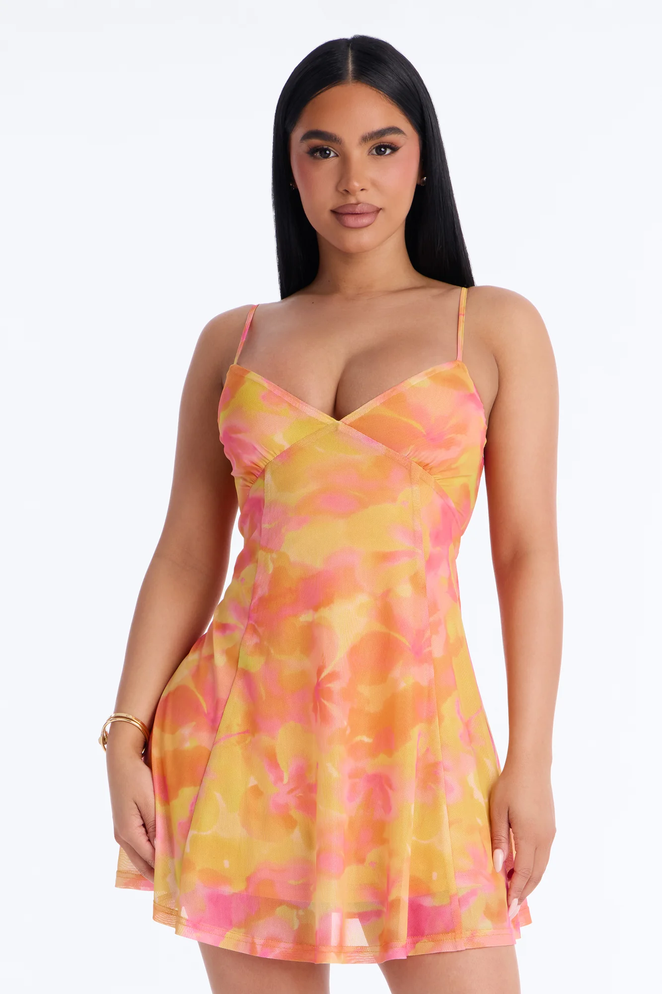Talia Floral Mesh Mini Dress - Yellow/combo