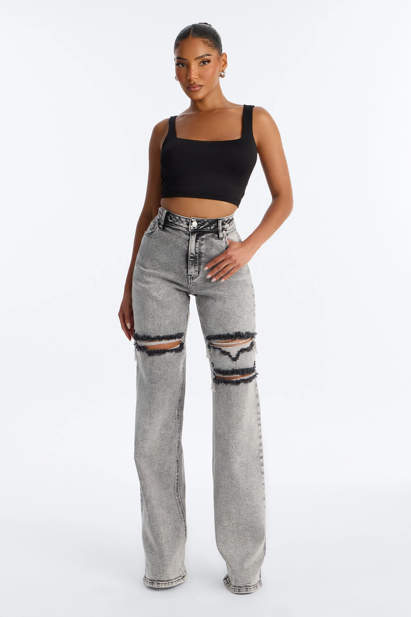 Tall Remi Ripped Stretch Baggy Jeans - Grey