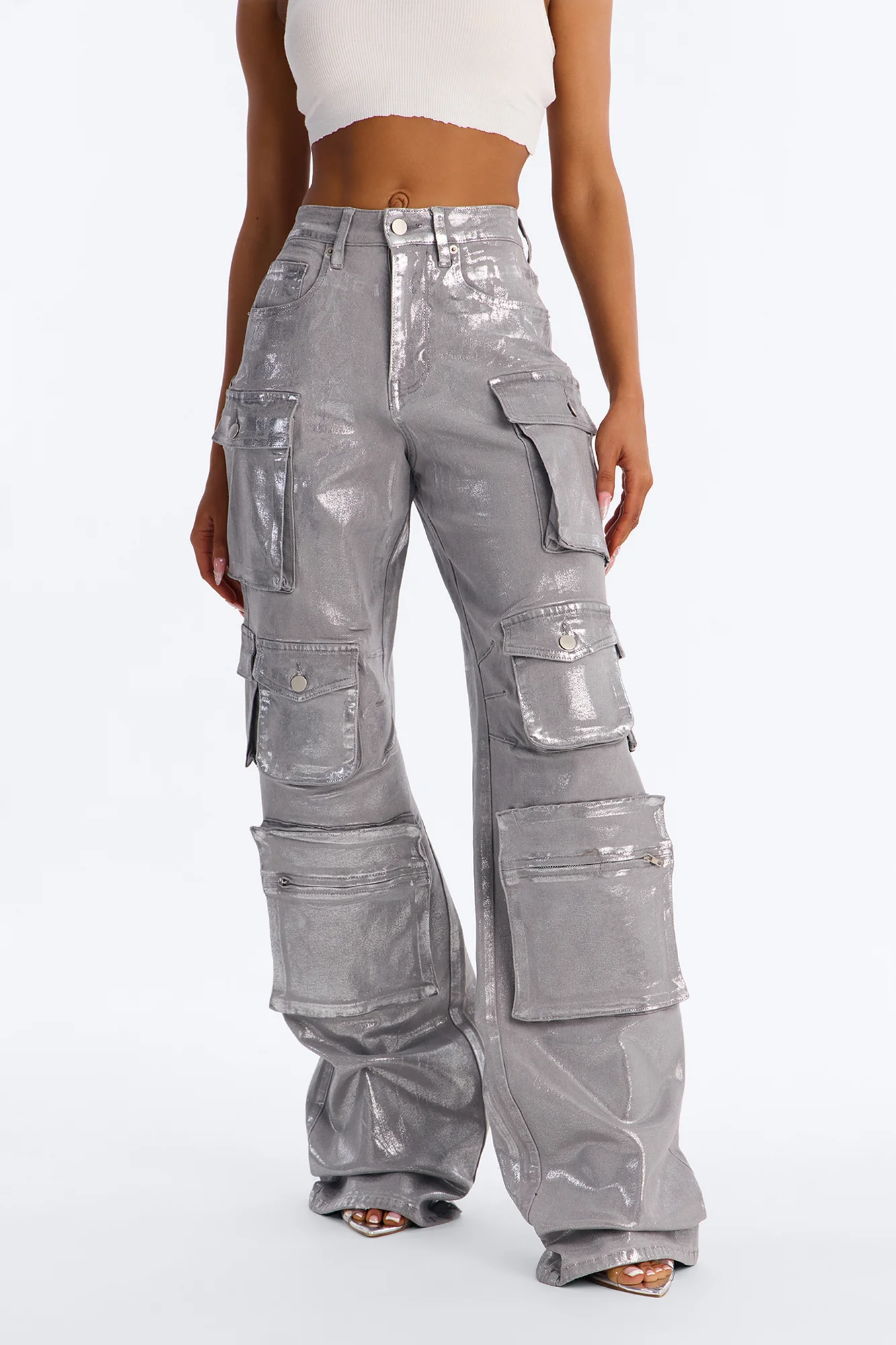 Tall Time To Shine Foil Baggy Cargo Jeans - Silver