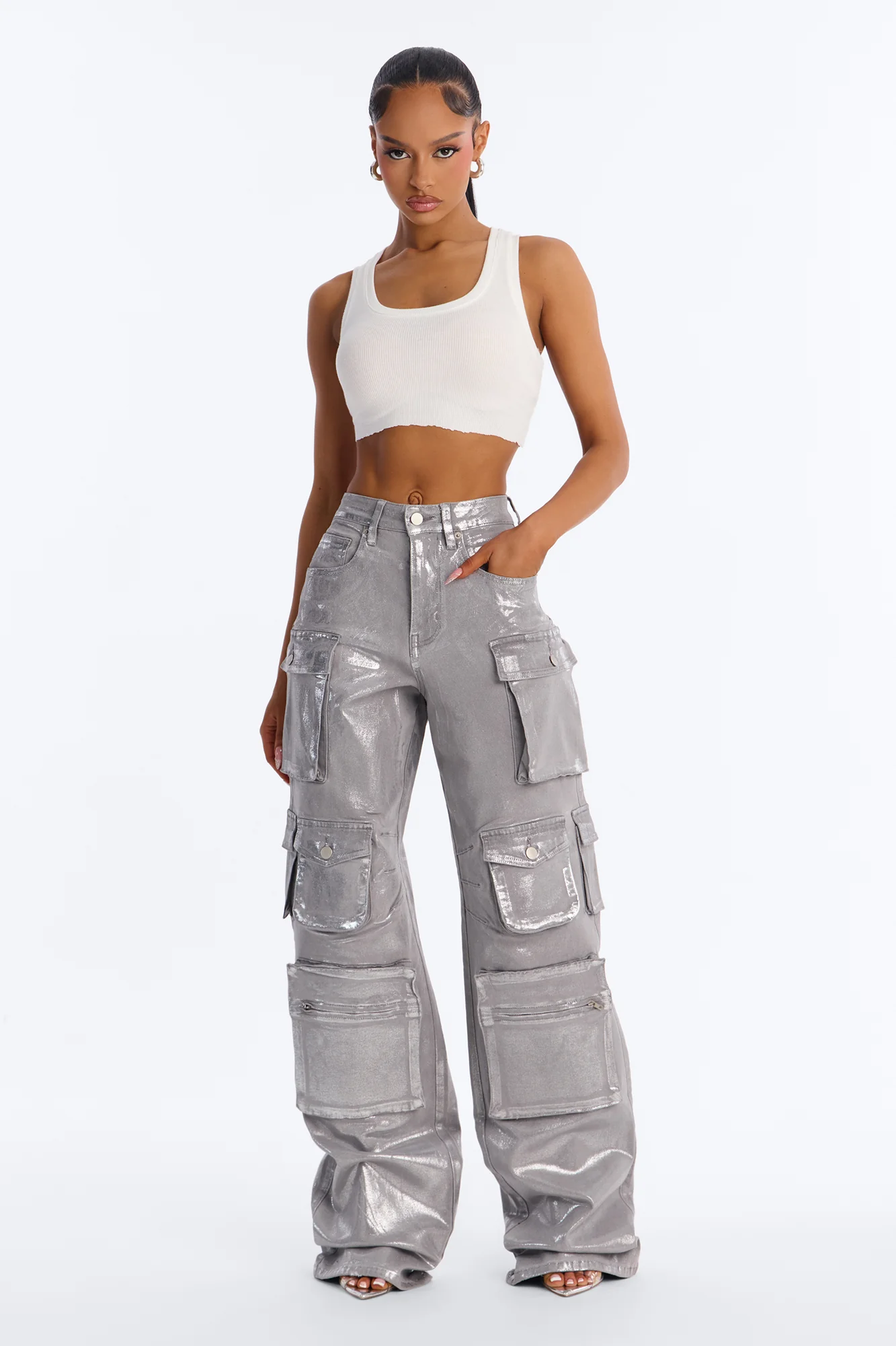 Tall Time To Shine Foil Baggy Cargo Jeans - Silver - Image 2