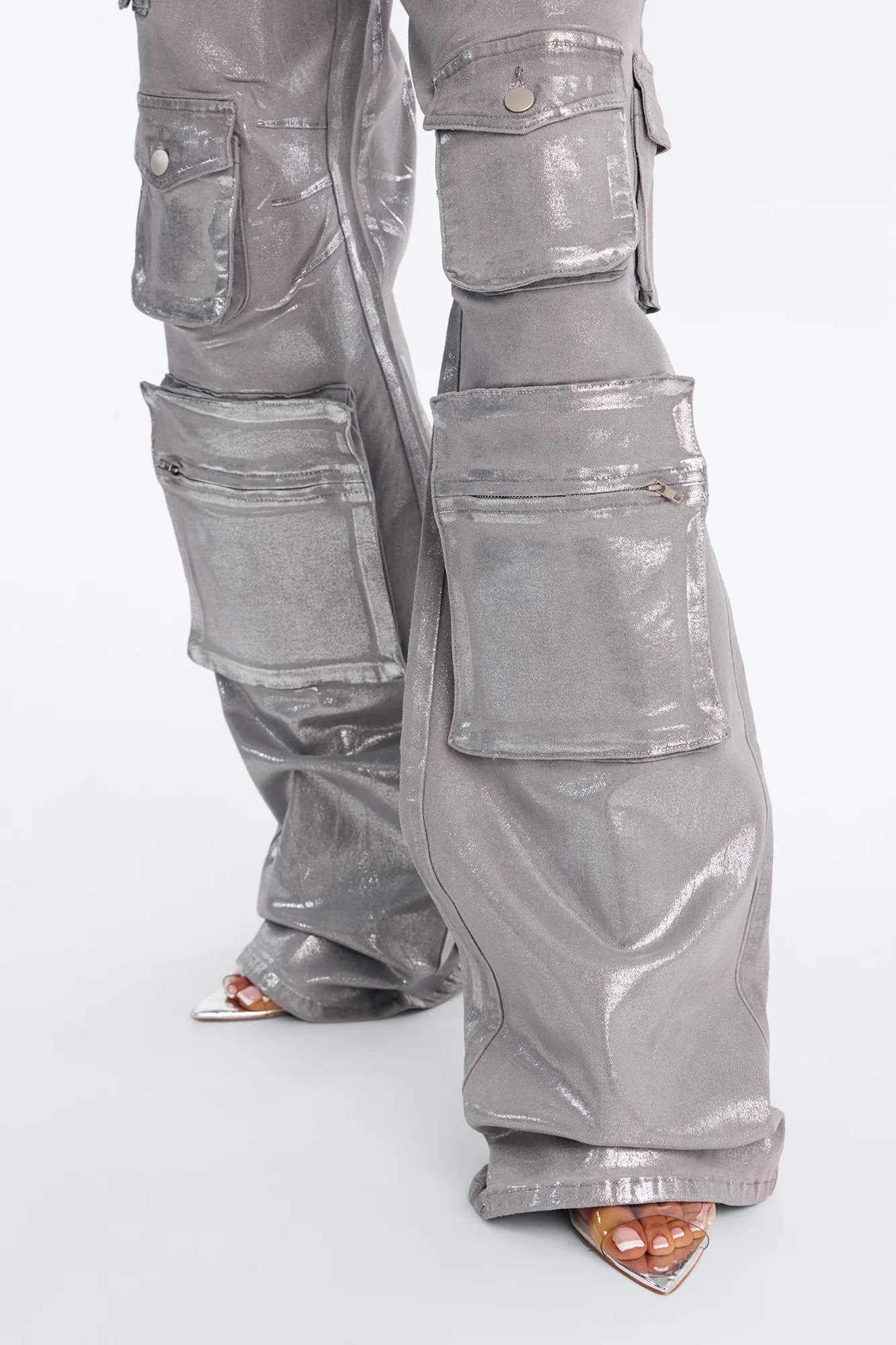 Tall Time To Shine Foil Baggy Cargo Jeans - Silver - Image 3