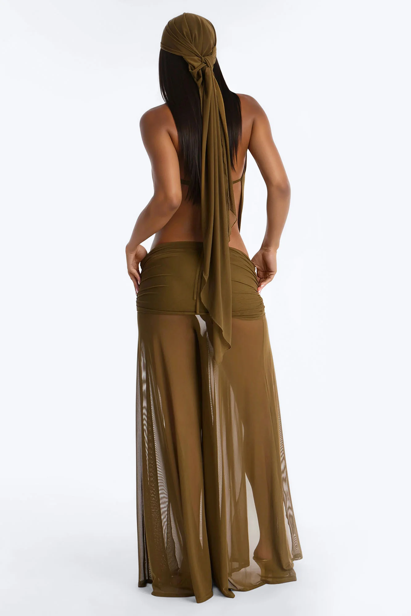 Tamara Backless Mesh Jumpsuit And Headscarf Set - Olive - Image 4