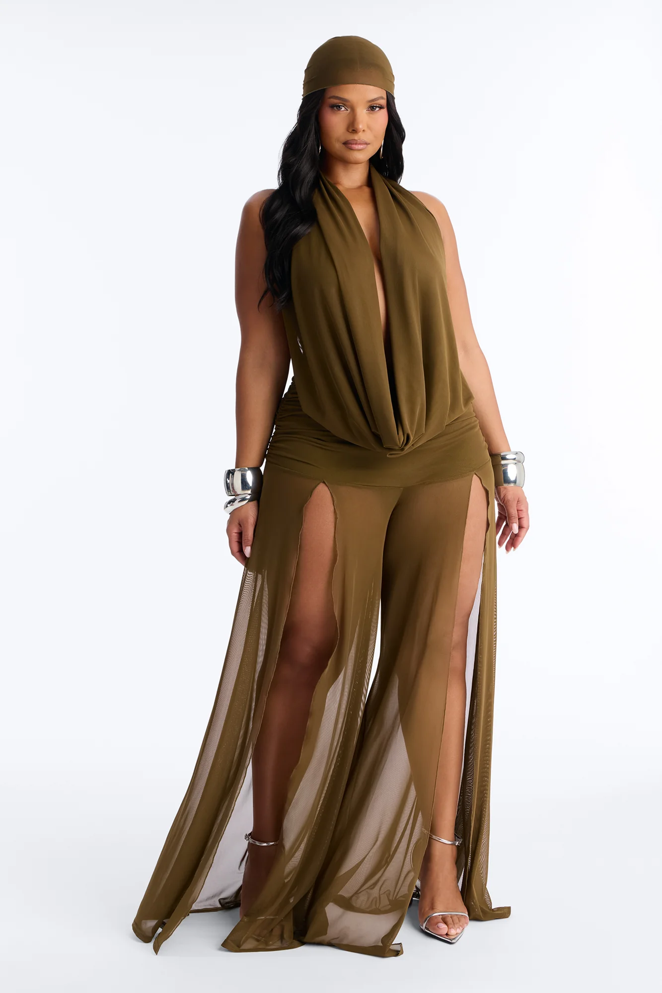 Tamara Backless Mesh Jumpsuit And Headscarf Set - Olive - Image 5