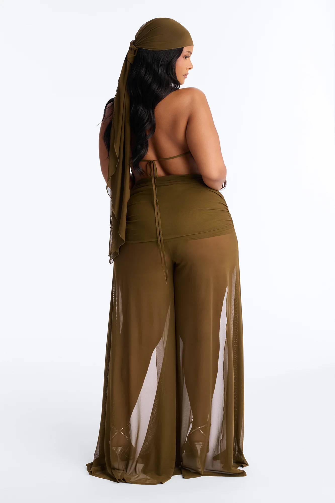 Tamara Backless Mesh Jumpsuit And Headscarf Set - Olive - Image 8