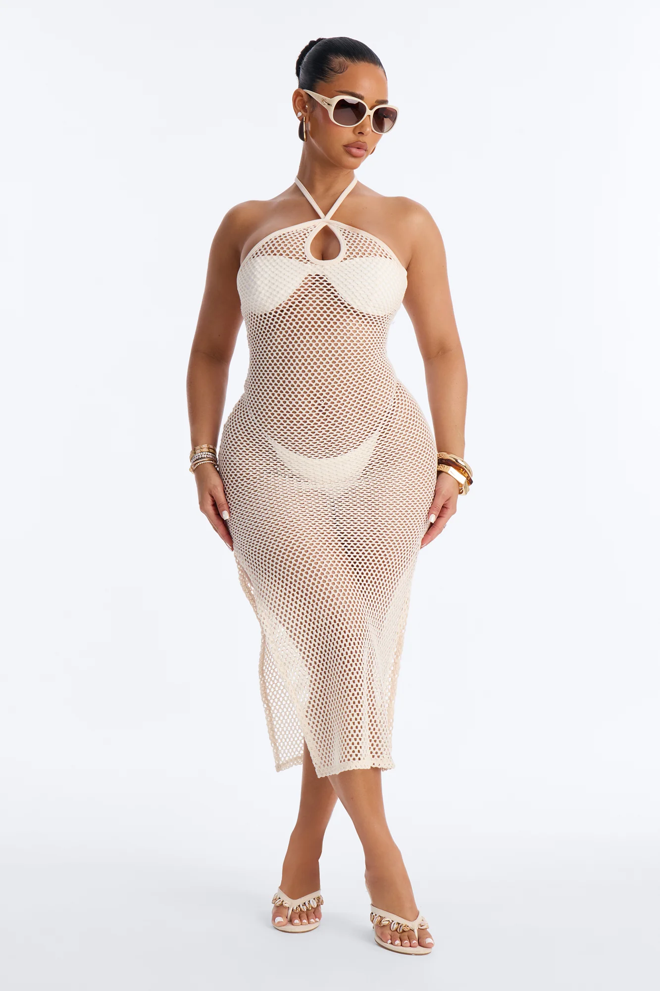 Tans And More Crochet Keyhole Midi Swim Cover Up Dress - White