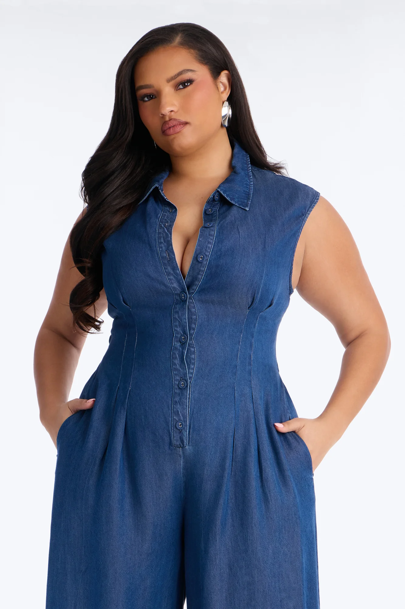 Tanya Chambray Sleeveless Wide Leg Jumpsuit - Medium Wash - Image 6