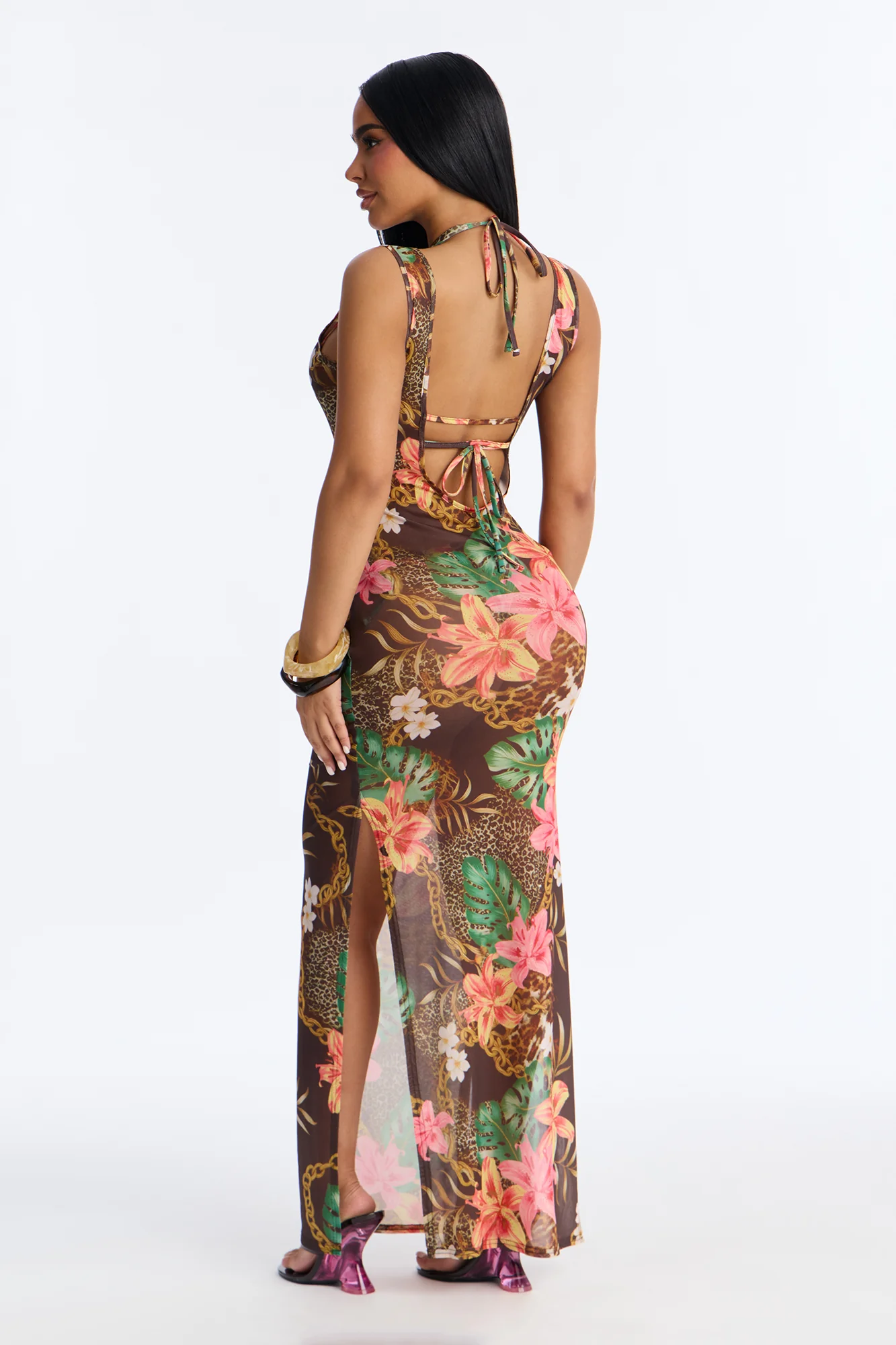 Wild Paradise Animal Floral Sheer Slits 3 Piece Bikini Dress Set - Brown/combo - Image 4