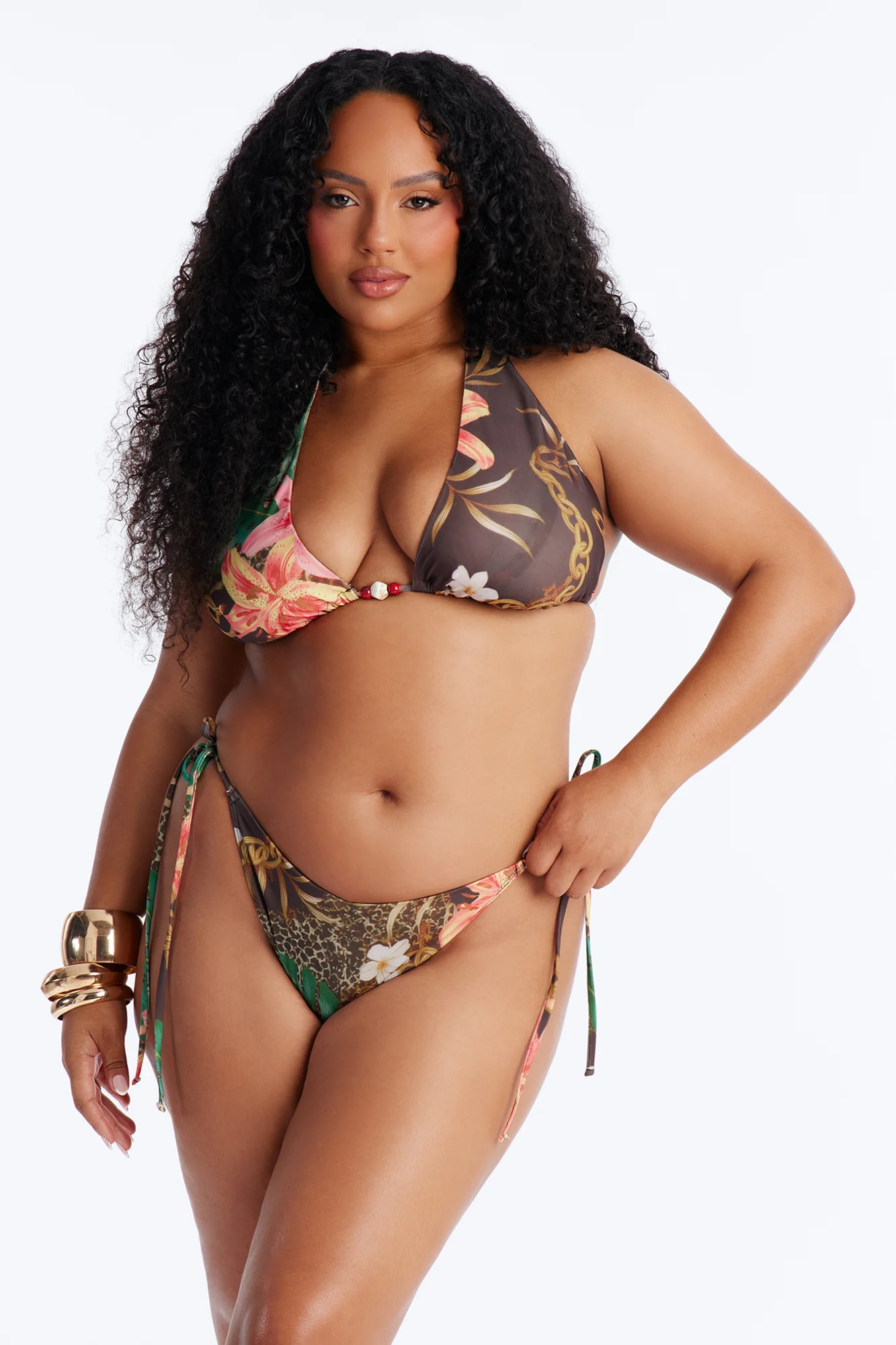 Wild Paradise Animal Floral Sheer Slits 3 Piece Bikini Dress Set - Brown/combo - Image 6