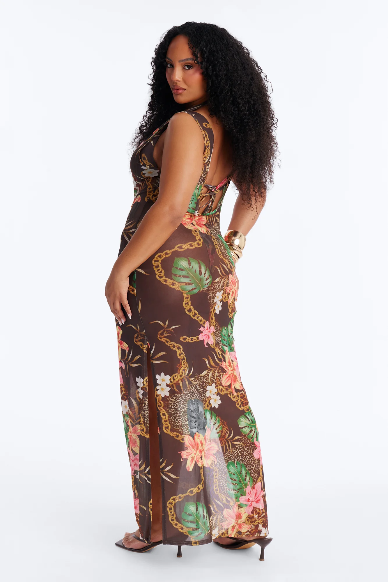 Wild Paradise Animal Floral Sheer Slits 3 Piece Bikini Dress Set - Brown/combo - Image 9