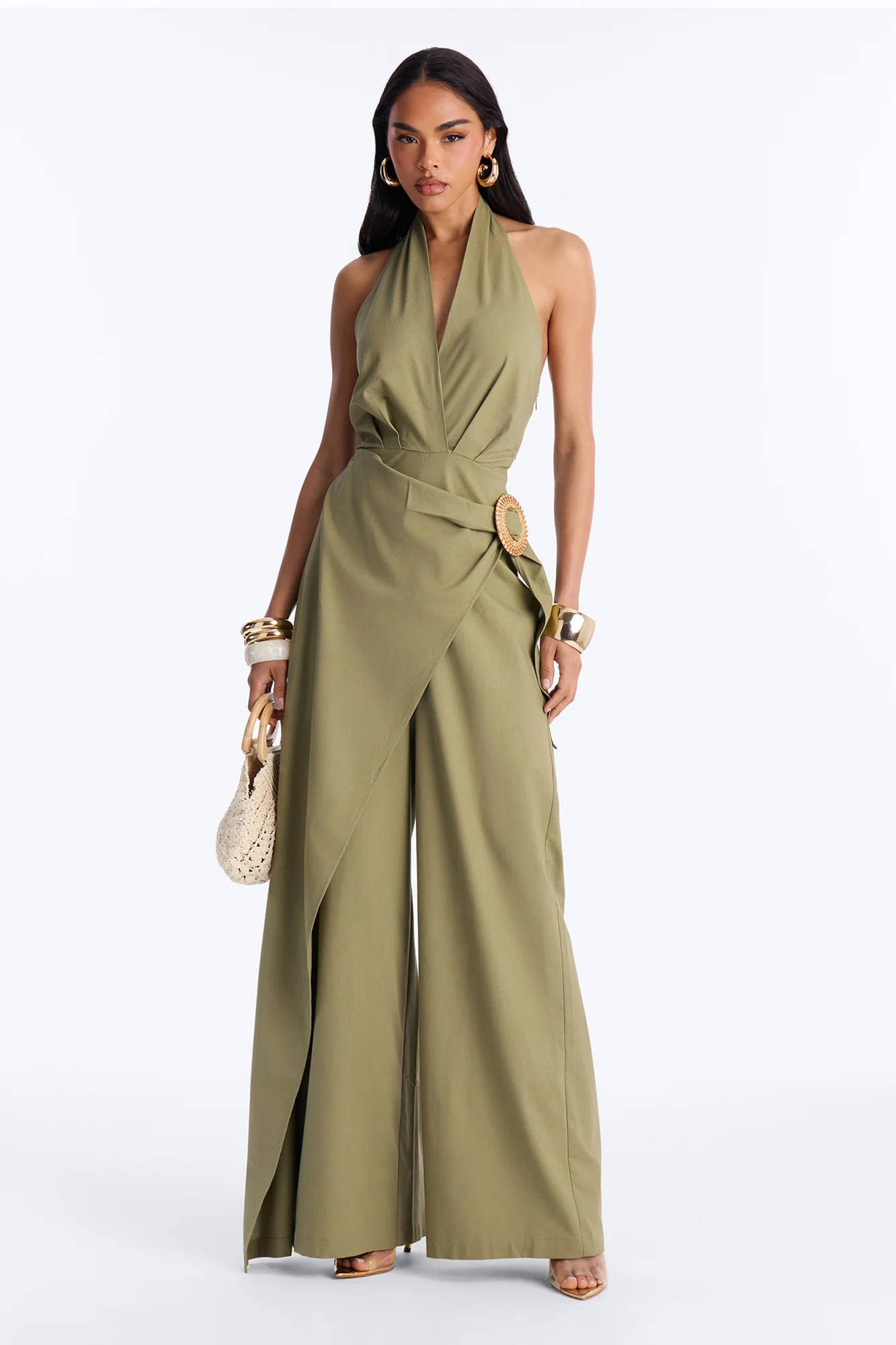 Tara Linen Halter Straight Leg Jumpsuit - Olive