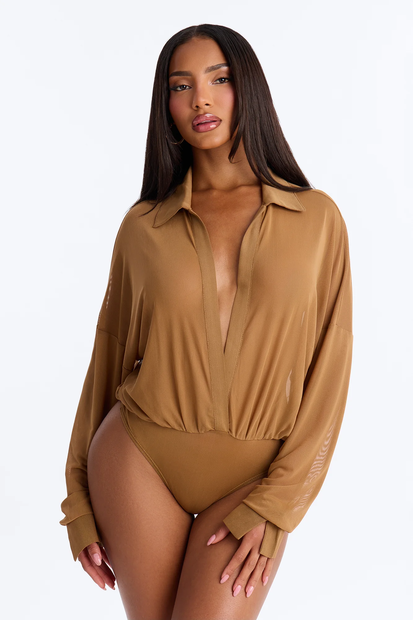 Taryn Sheer Mesh Long Sleeve Bodysuit - Mocha