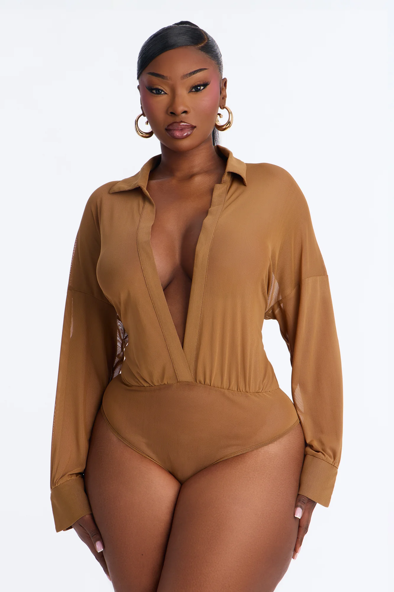 Taryn Sheer Mesh Long Sleeve Bodysuit - Mocha - Image 5