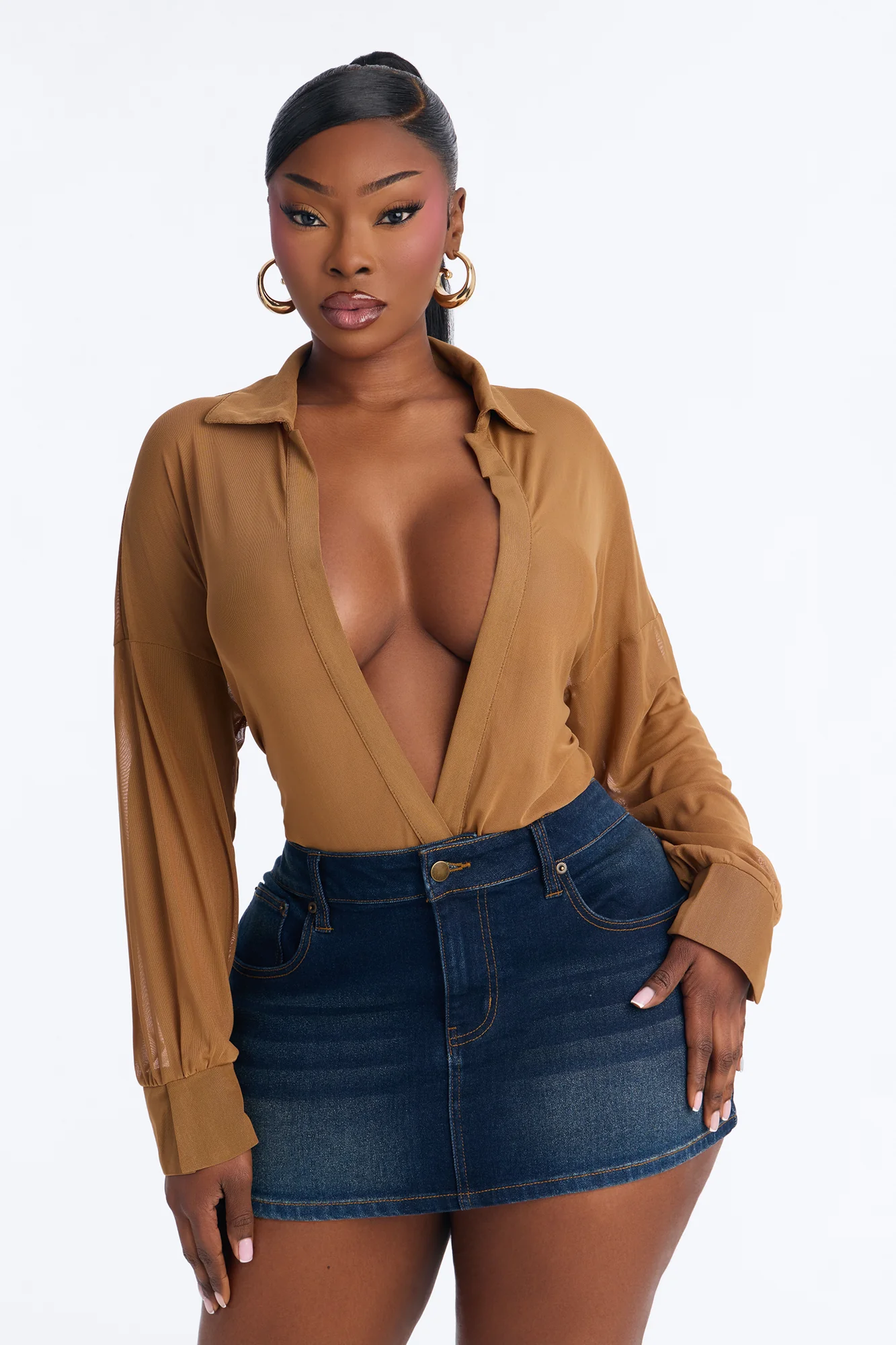 Taryn Sheer Mesh Long Sleeve Bodysuit - Mocha - Image 7