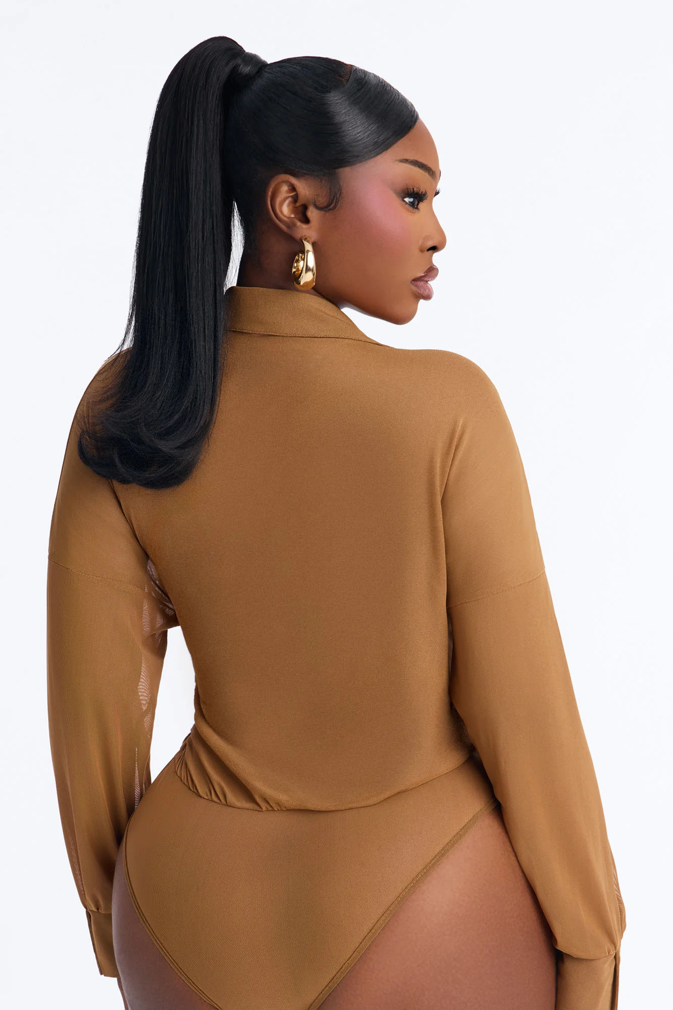 Taryn Sheer Mesh Long Sleeve Bodysuit - Mocha - Image 8