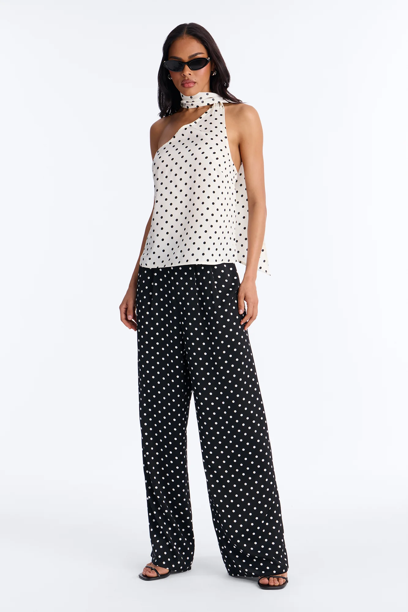 Tasha Satin Polka Dot Halter Pant Set - White/Black