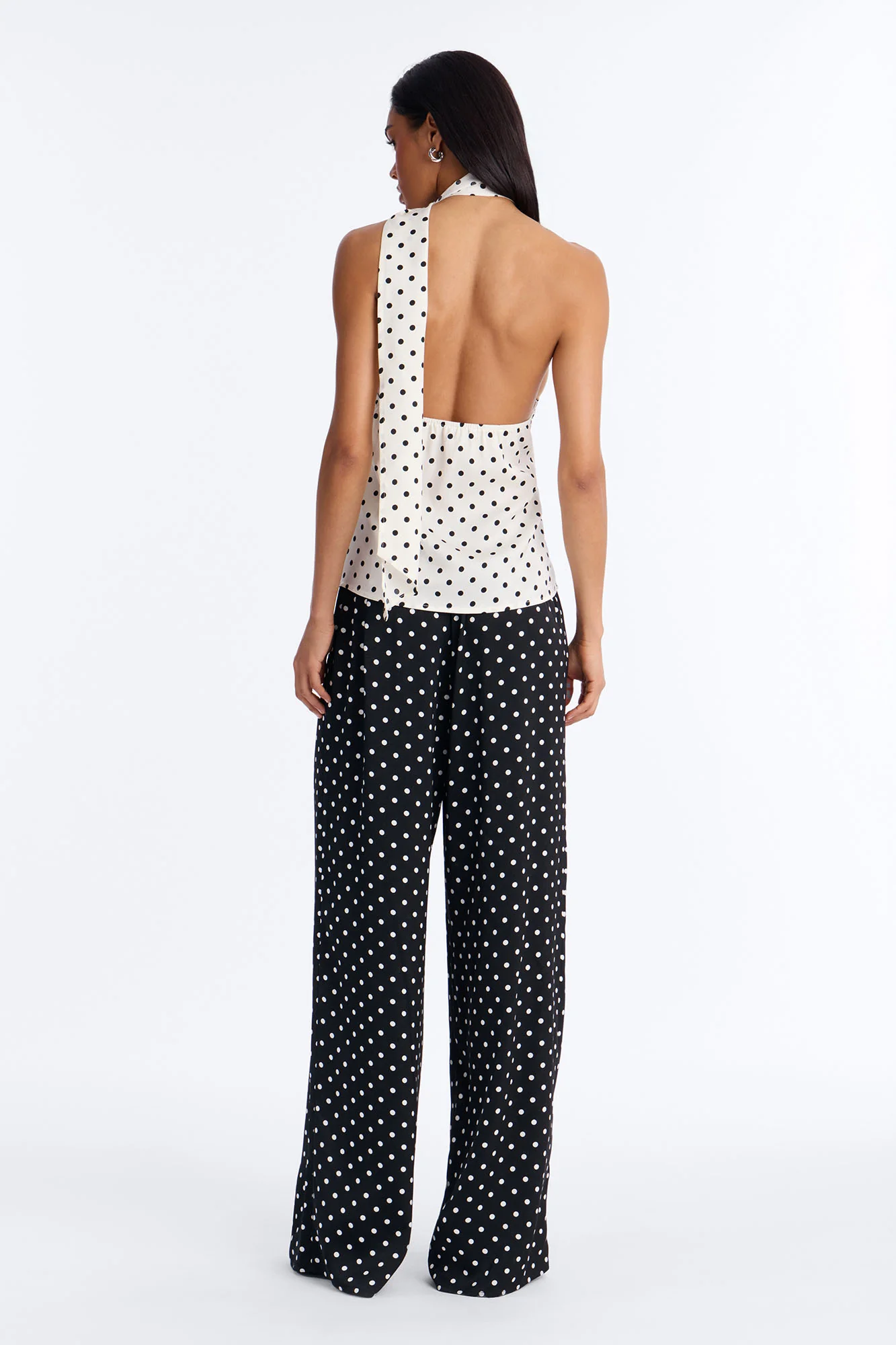Tasha Satin Polka Dot Halter Pant Set - White/Black - Image 4