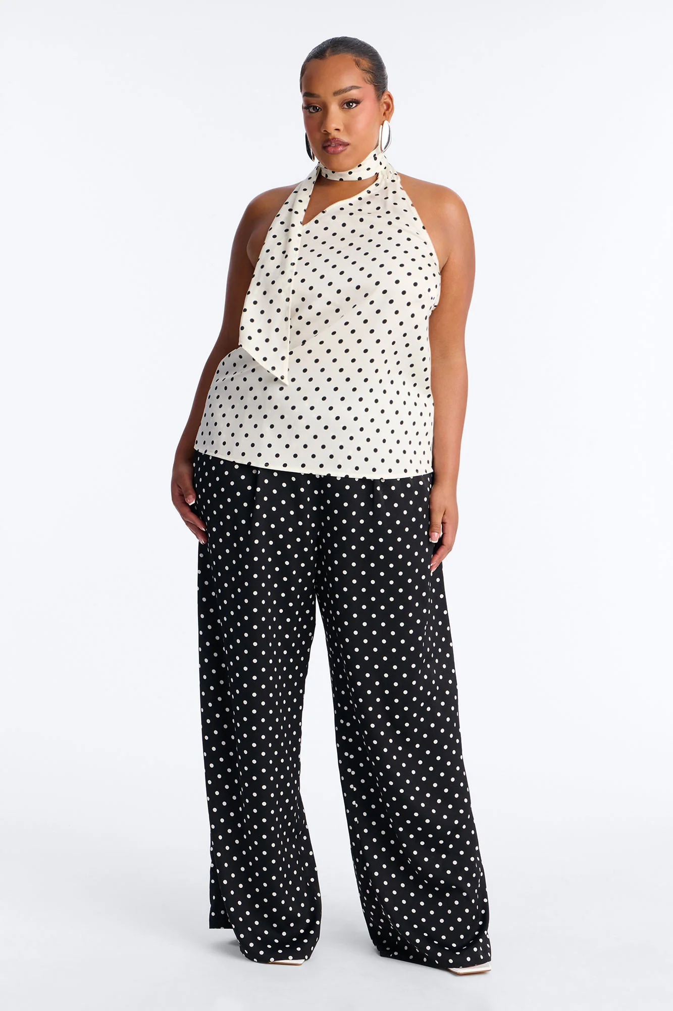 Tasha Satin Polka Dot Halter Pant Set - White/Black - Image 5