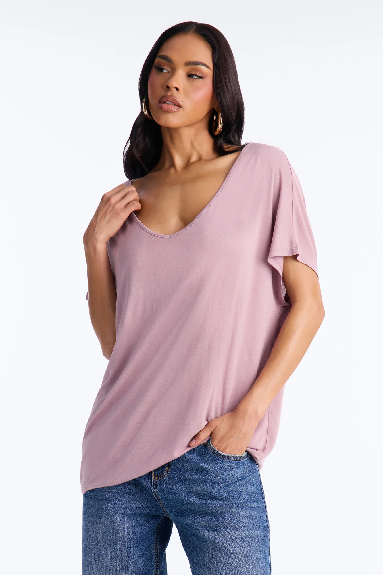 Tasmin Oversized V Neck Tee - Lilac
