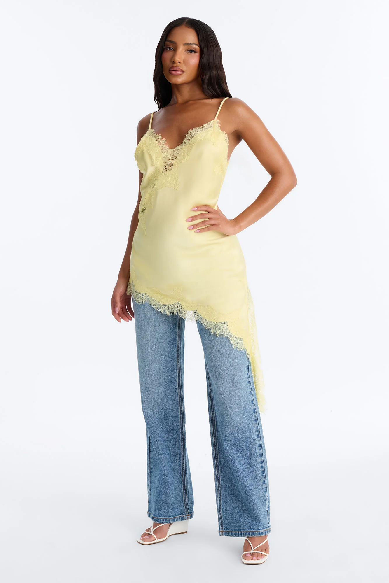 Taste Of Trouble Lace Trim Satin Top - Butter Yellow - Image 2