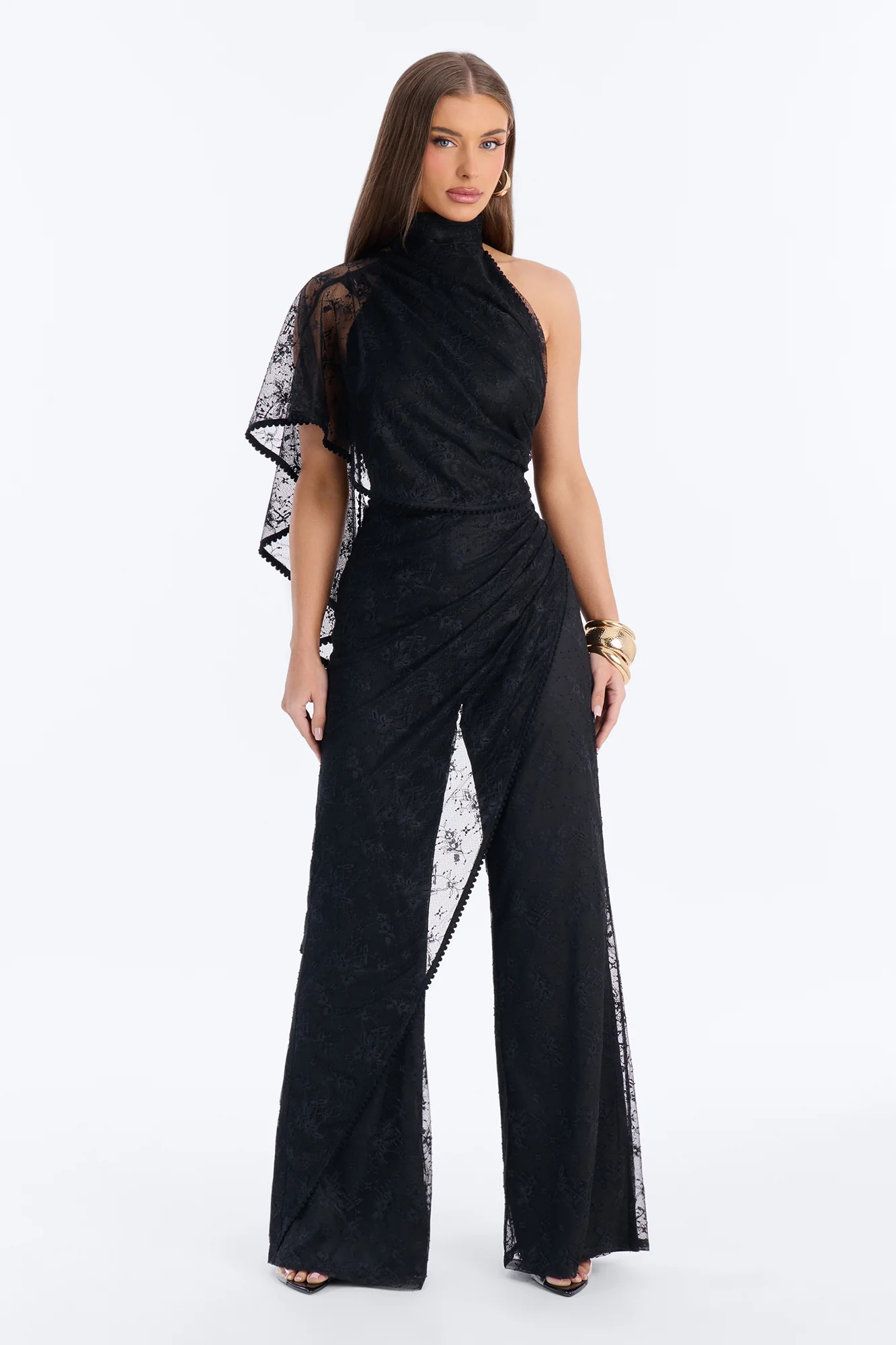 Tayla Draped Lace Wide Leg Jumpsuit - Black