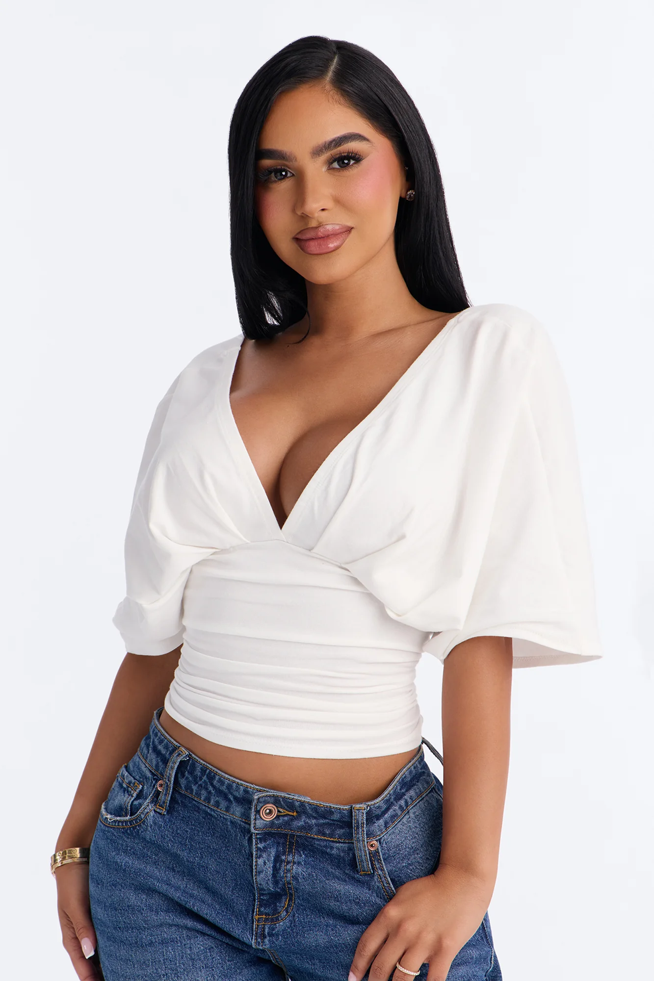 Taylor Cinched Waist Ruched Short Sleeve Top - White