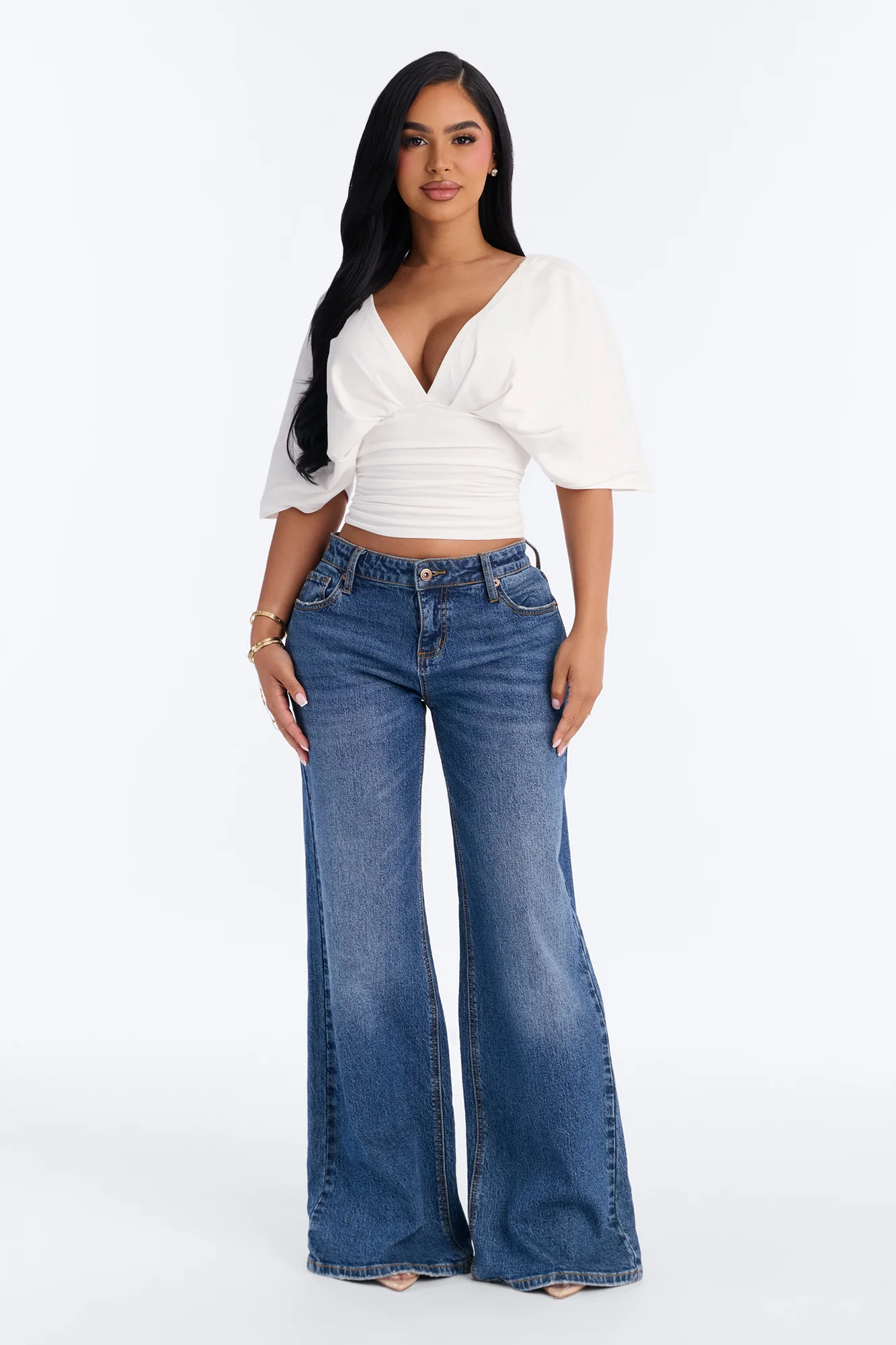 Taylor Cinched Waist Ruched Short Sleeve Top - White - Image 2
