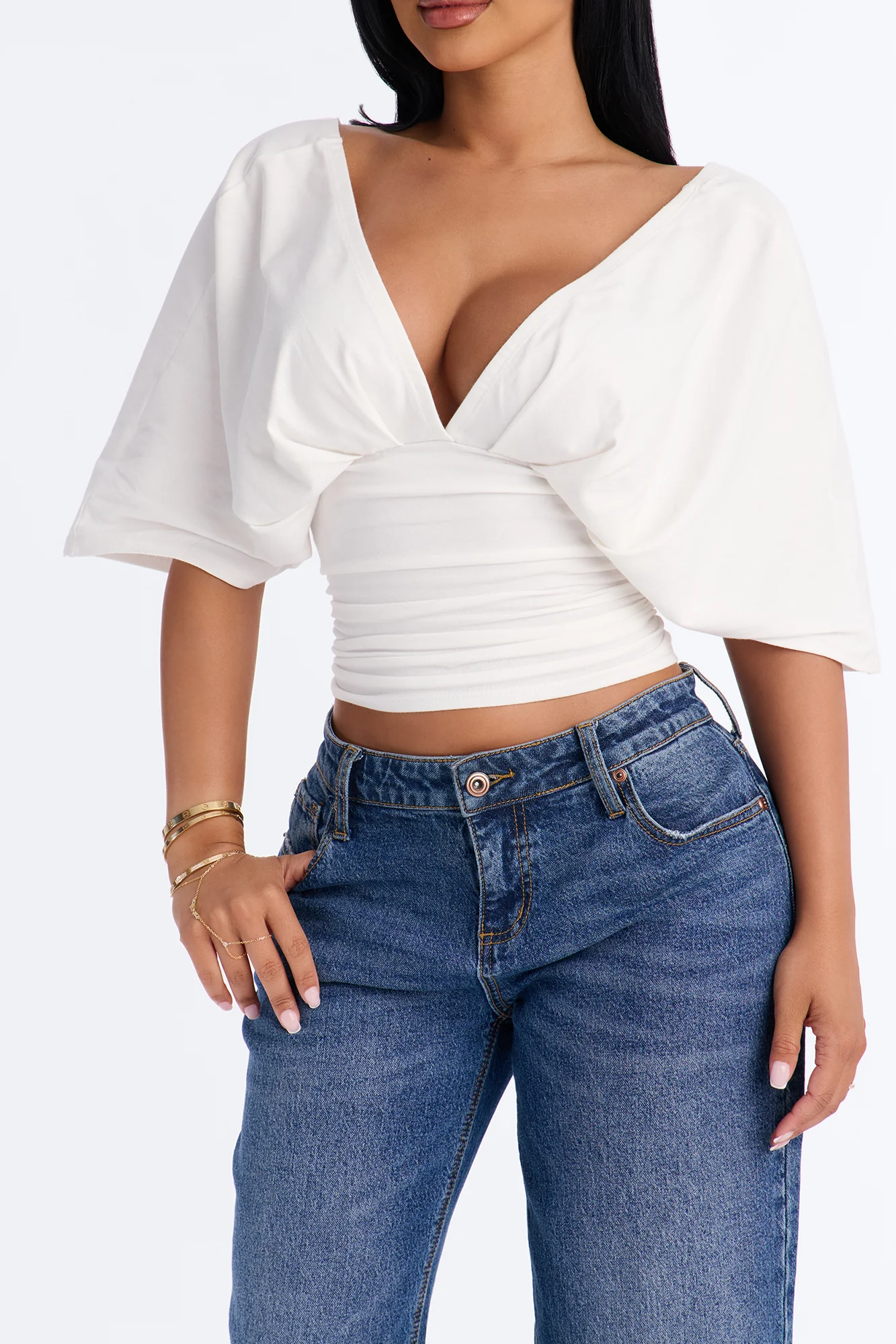Taylor Cinched Waist Ruched Short Sleeve Top - White - Image 3