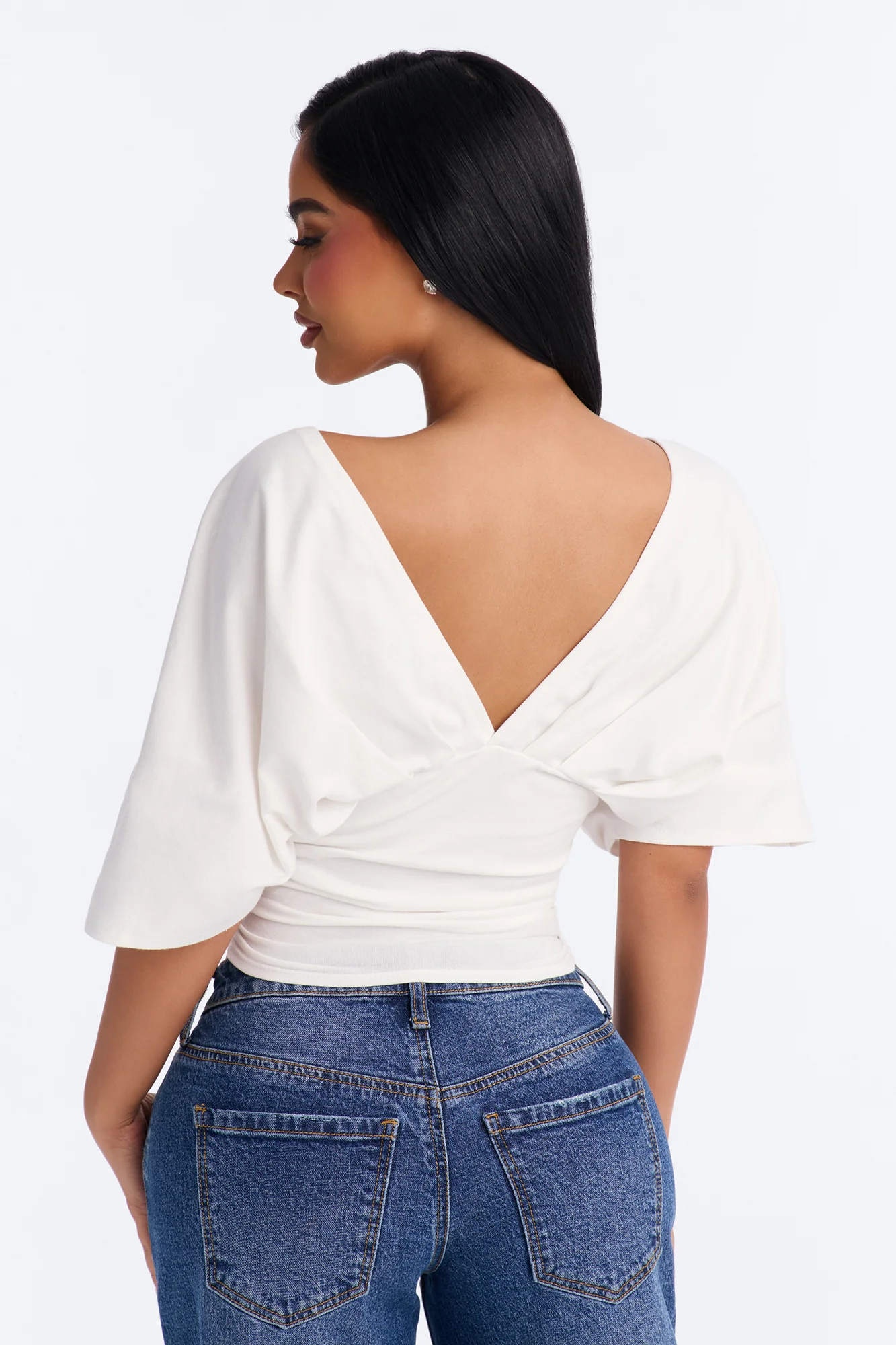 Taylor Cinched Waist Ruched Short Sleeve Top - White - Image 4