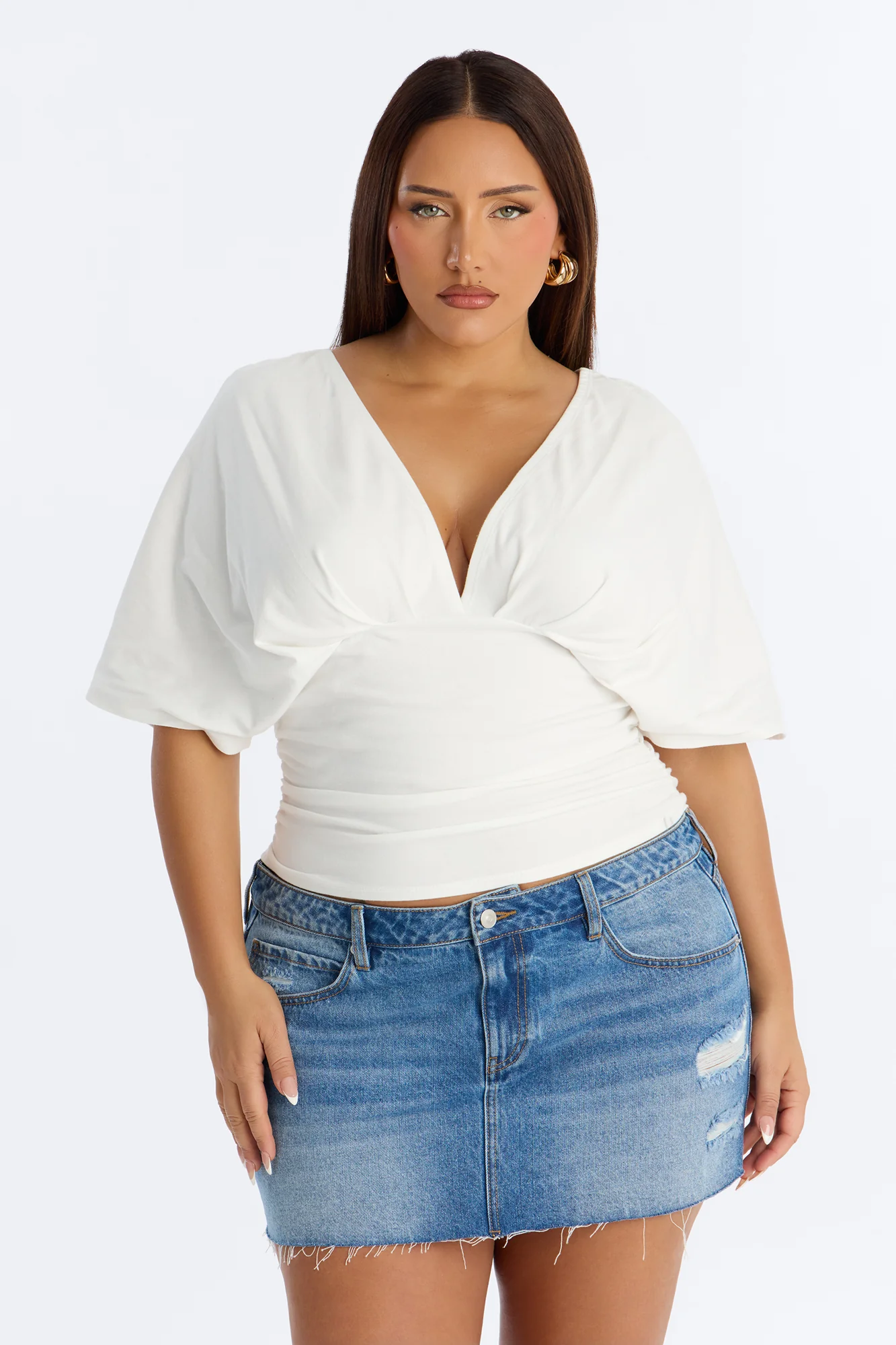 Taylor Cinched Waist Ruched Short Sleeve Top - White - Image 5
