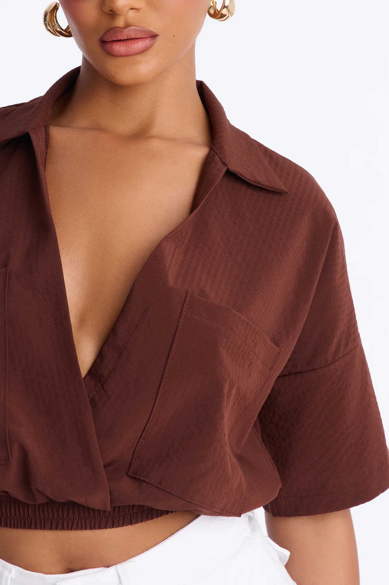 Taylor Crossover Short Sleeve Collared Blouse - Brown - Image 3