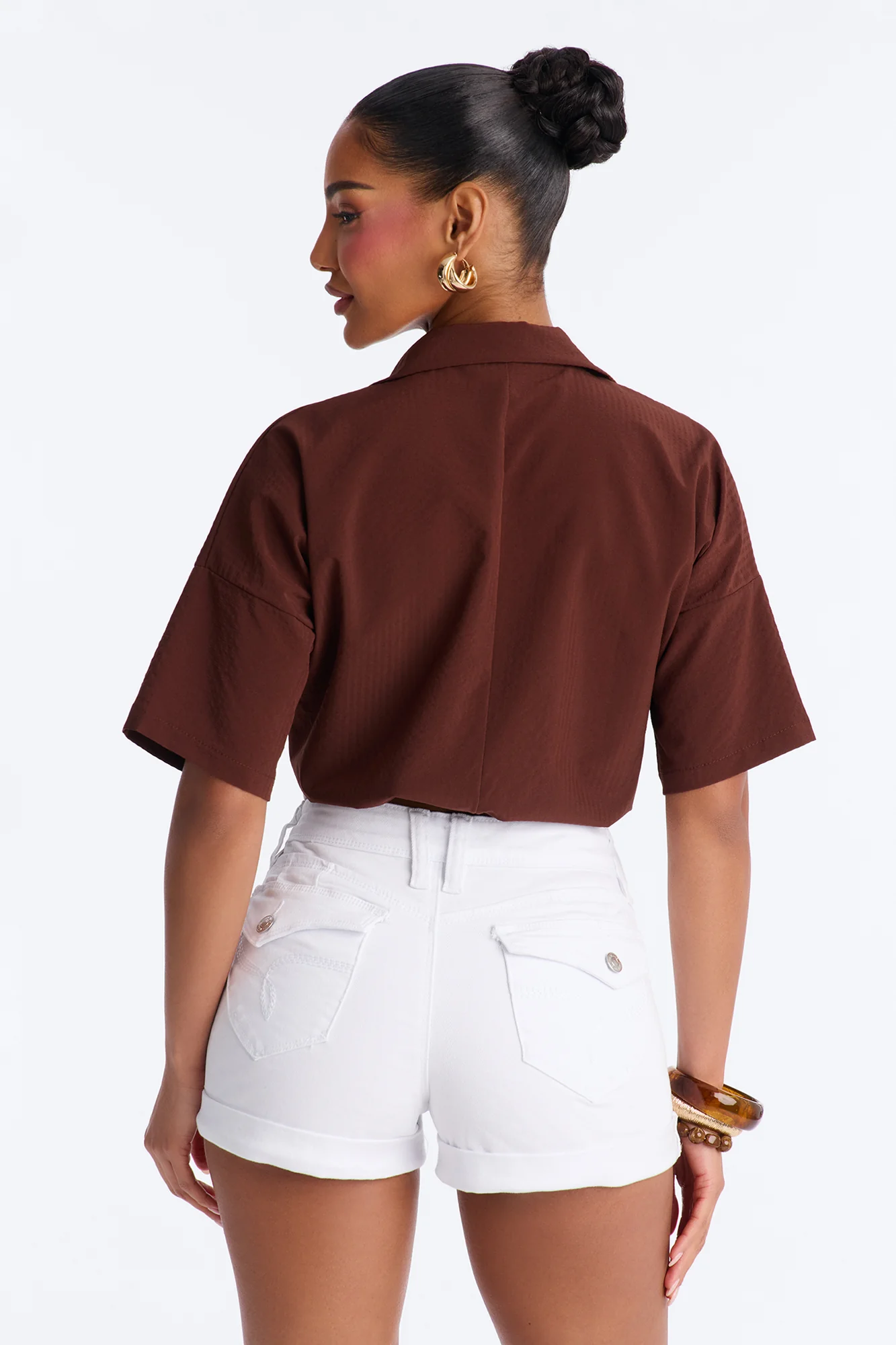 Taylor Crossover Short Sleeve Collared Blouse - Brown - Image 4