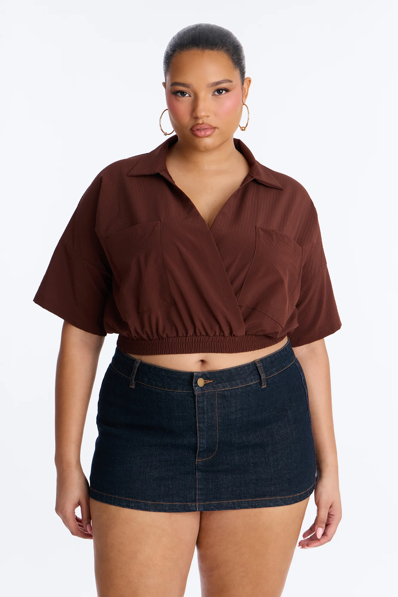 Taylor Crossover Short Sleeve Collared Blouse - Brown - Image 5