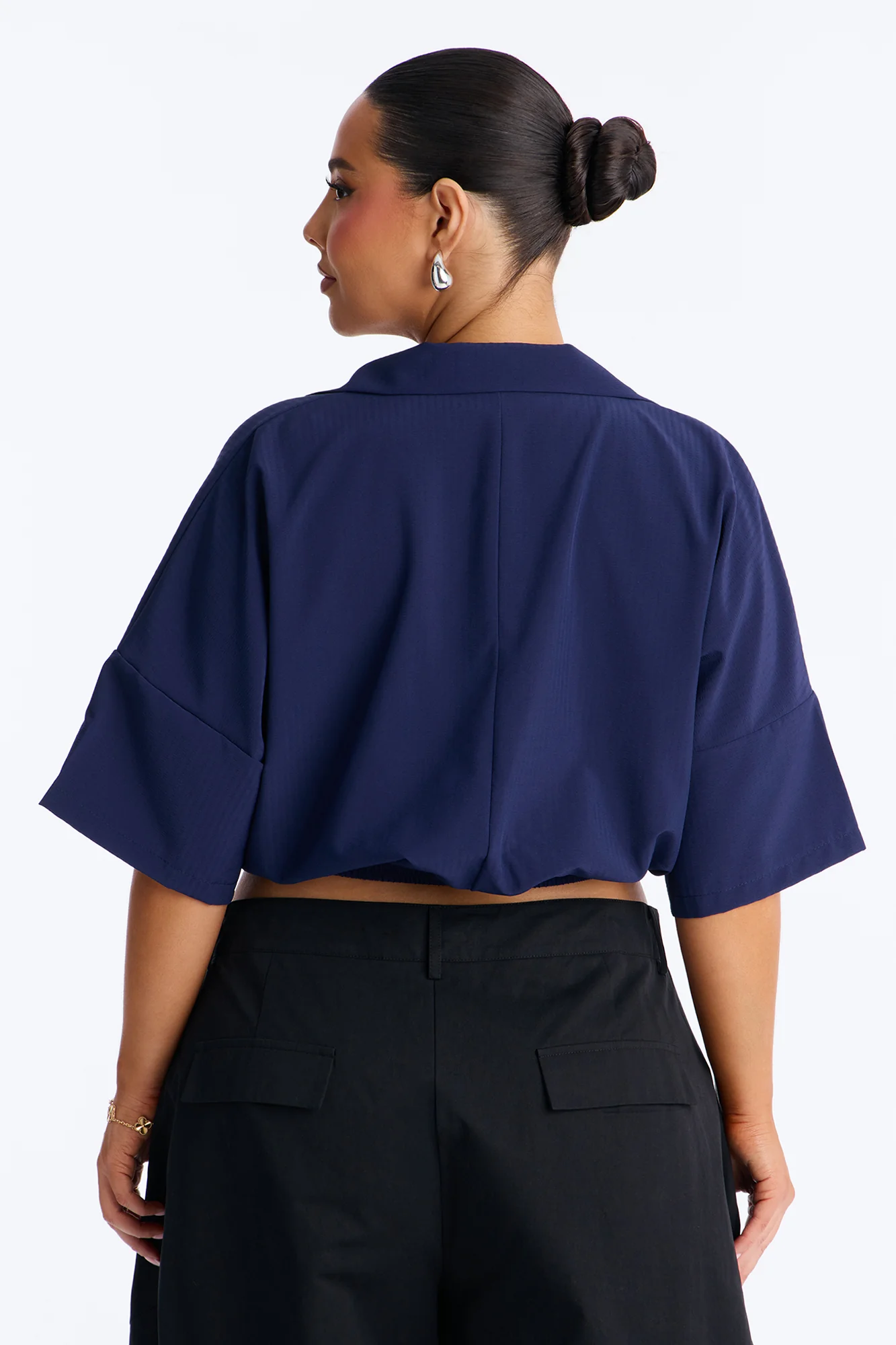 Taylor Crossover Short Sleeve Collared Blouse - Navy - Image 7