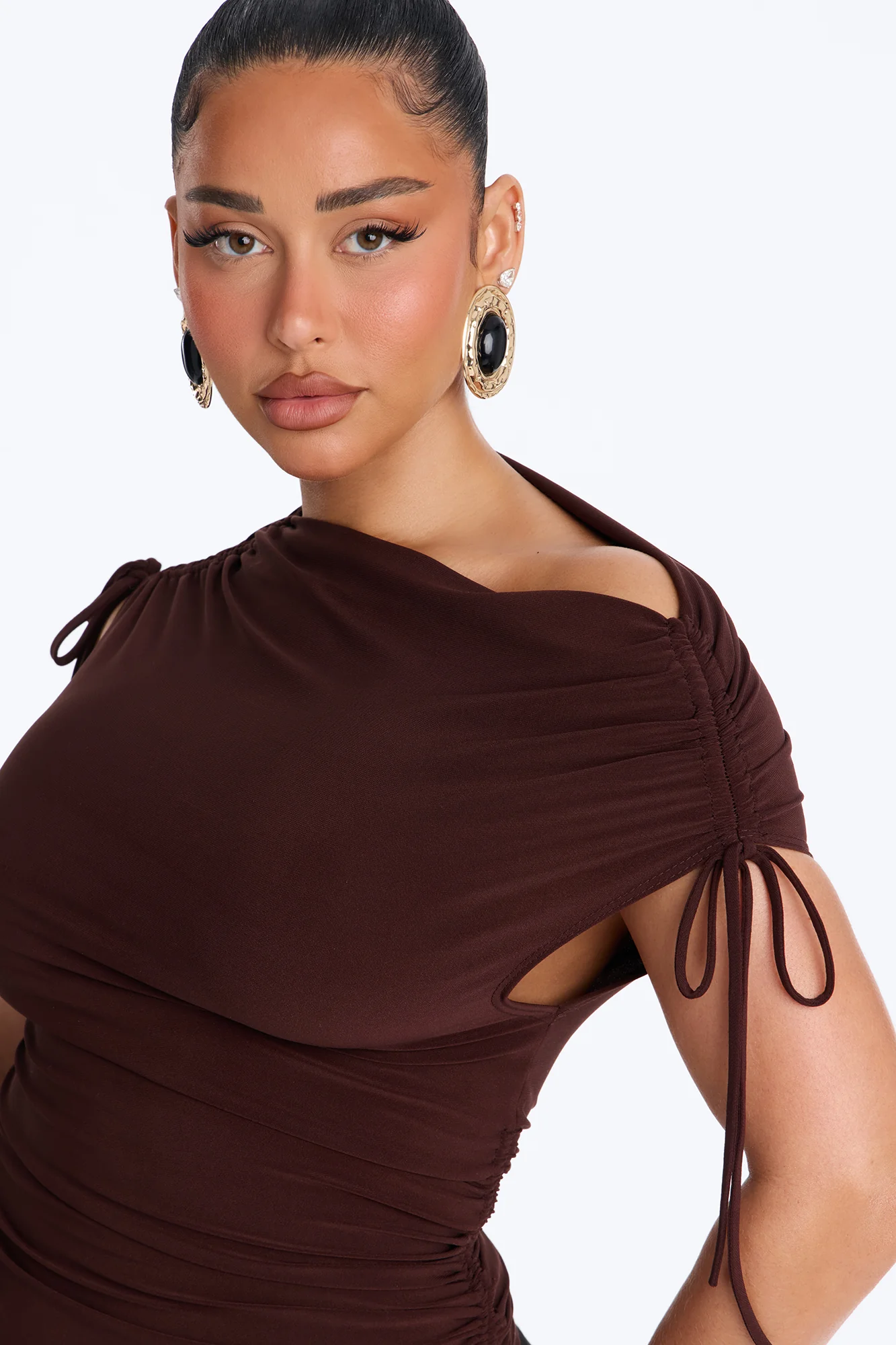 Taylor Drawstring Asymmetrical Short Sleeve Top - Chocolate - Image 3