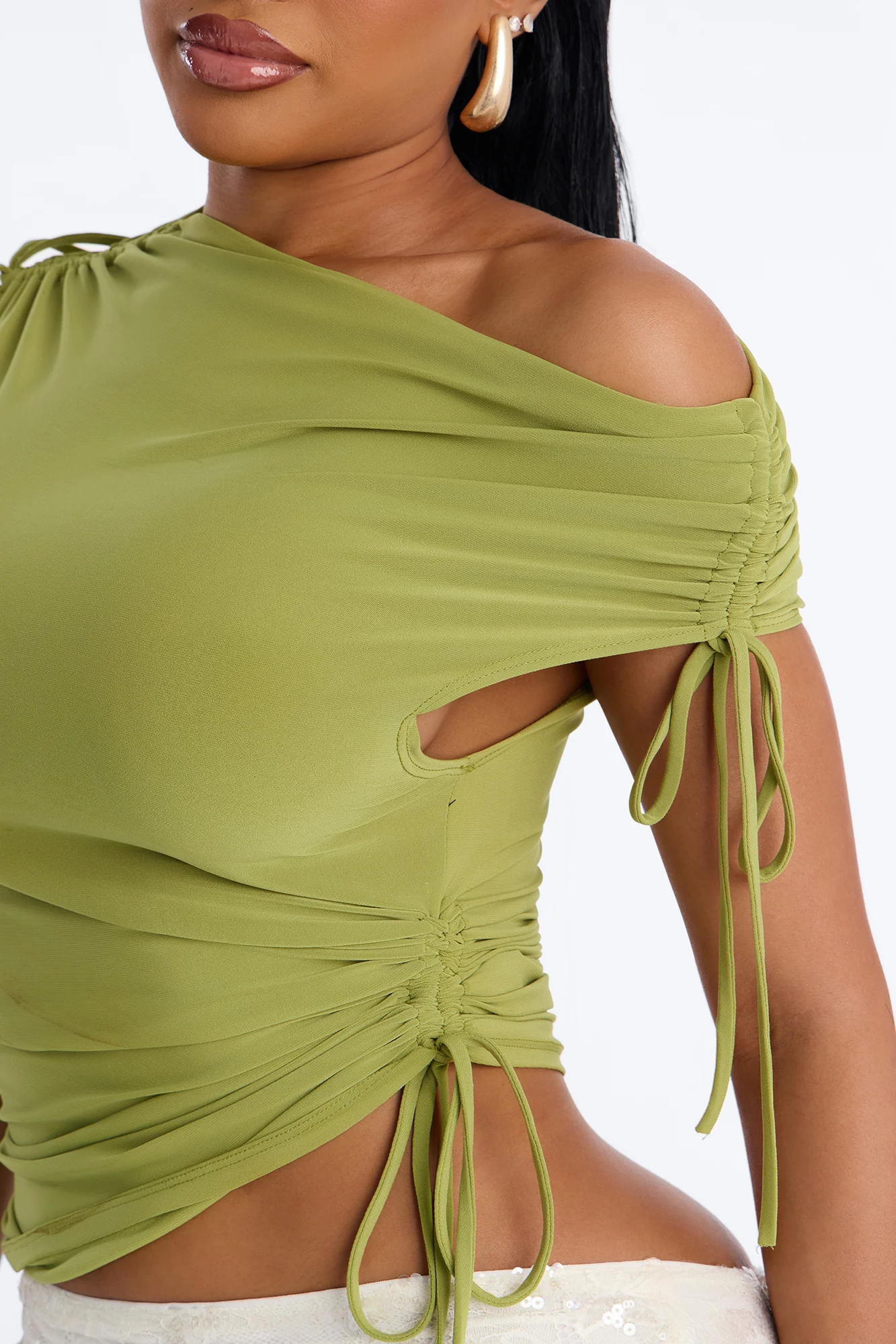 Taylor Drawstring Asymmetrical Short Sleeve Top - Green - Image 3