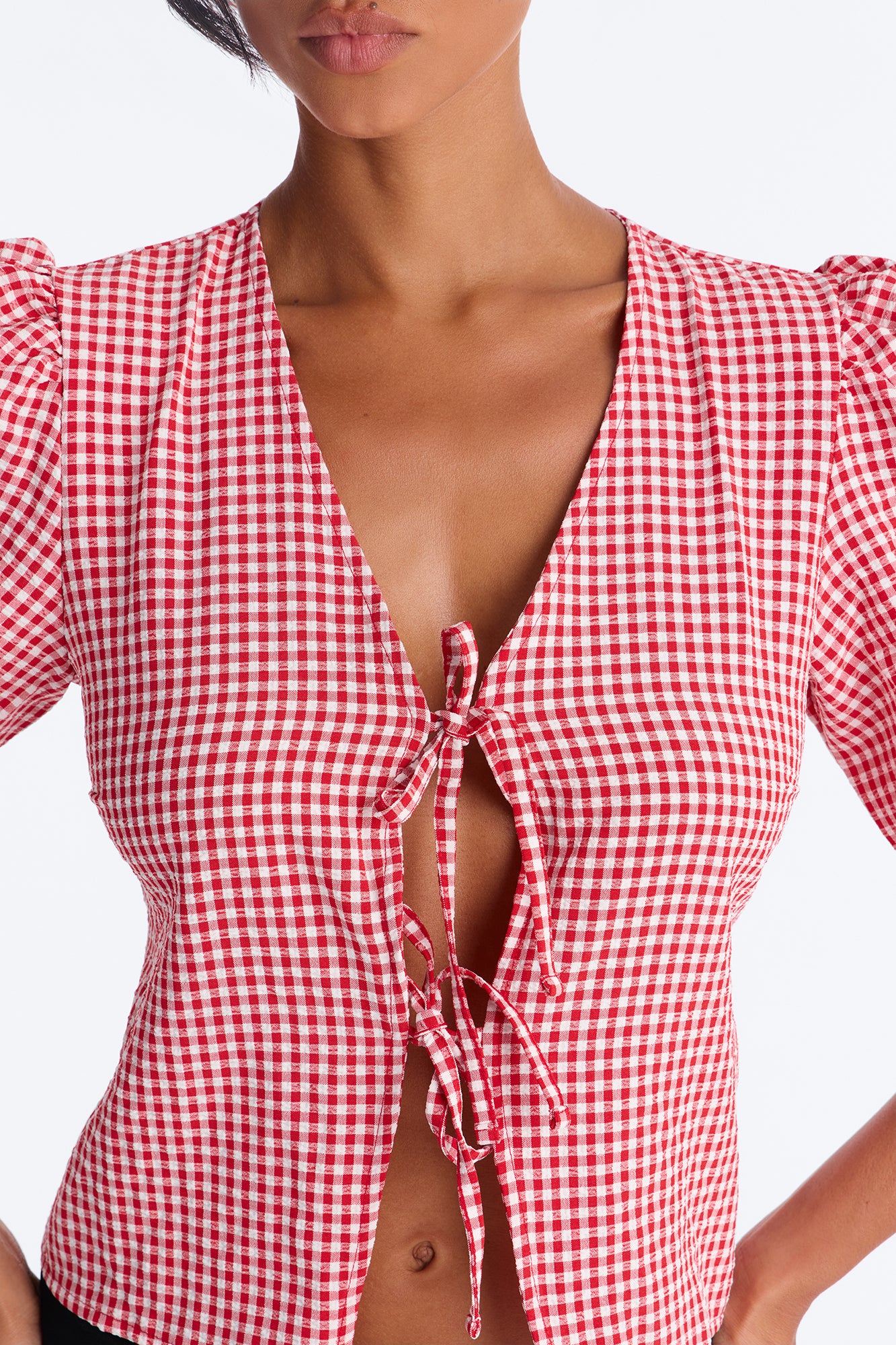 Taylor Gingham Bow Short Sleeve Top - Red/combo - Image 3