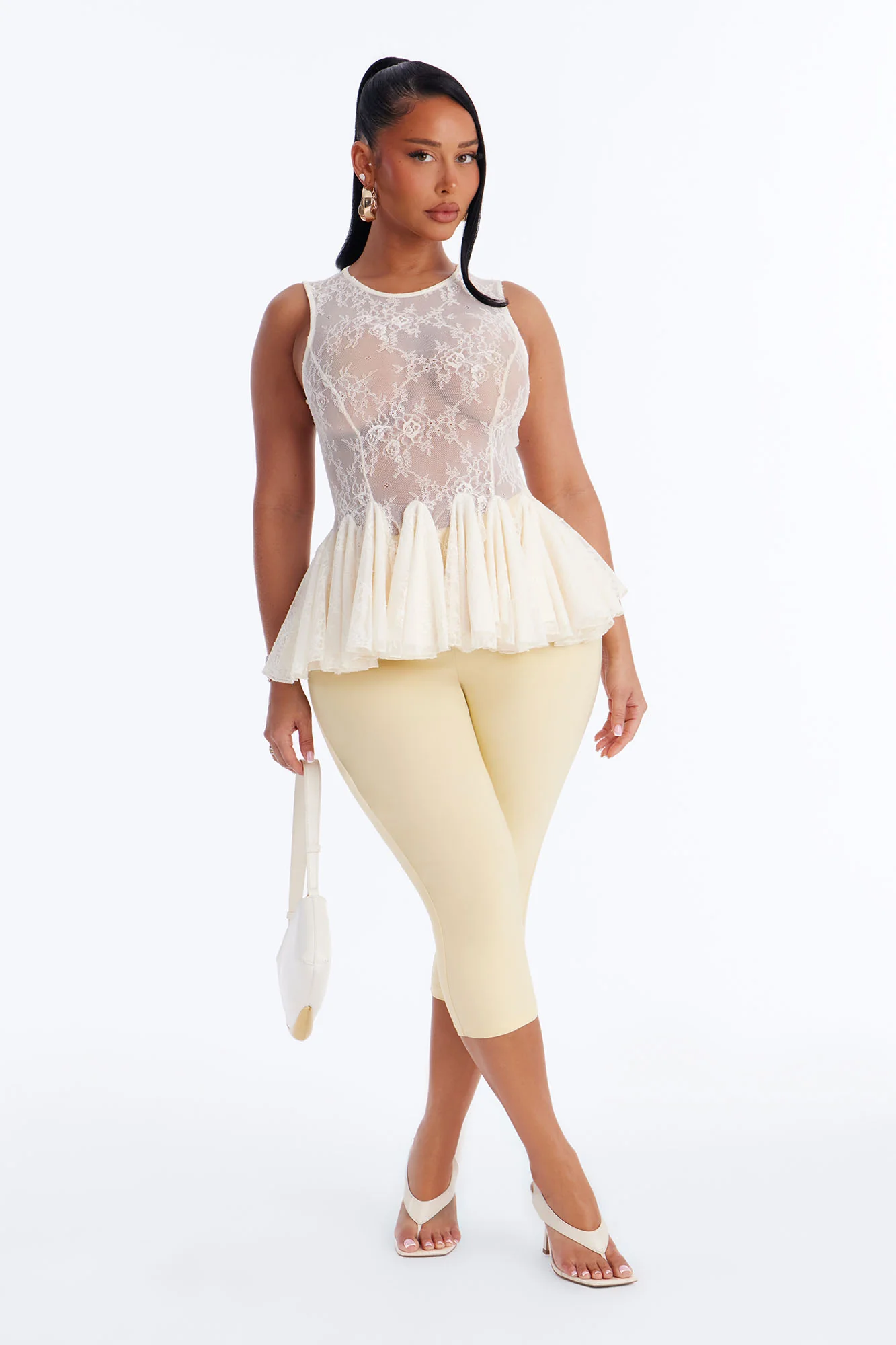 Tea Garden Sheer Lace Ruffle Sleeveless Top - Cream