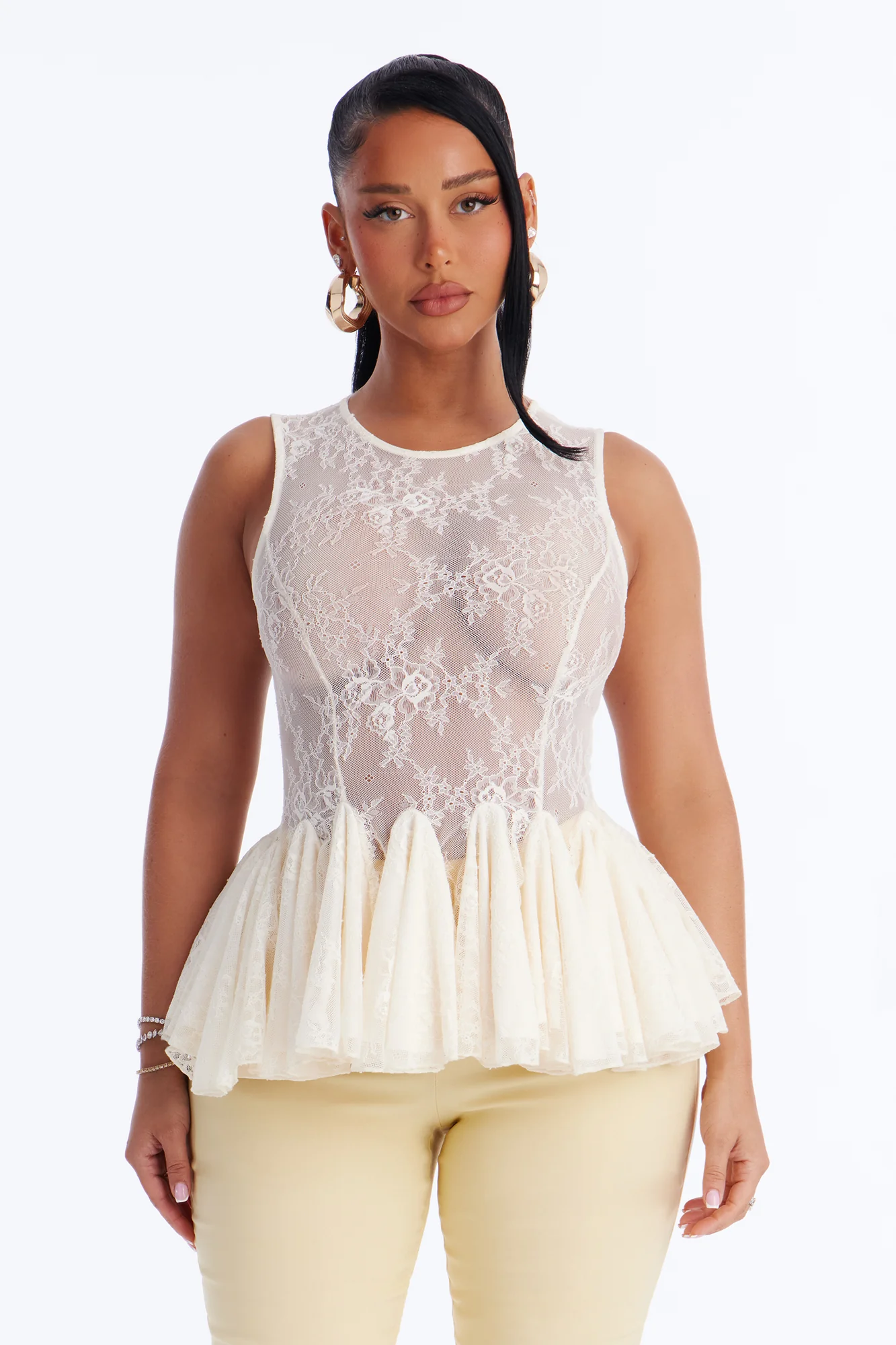 Tea Garden Sheer Lace Ruffle Sleeveless Top - Cream - Image 2