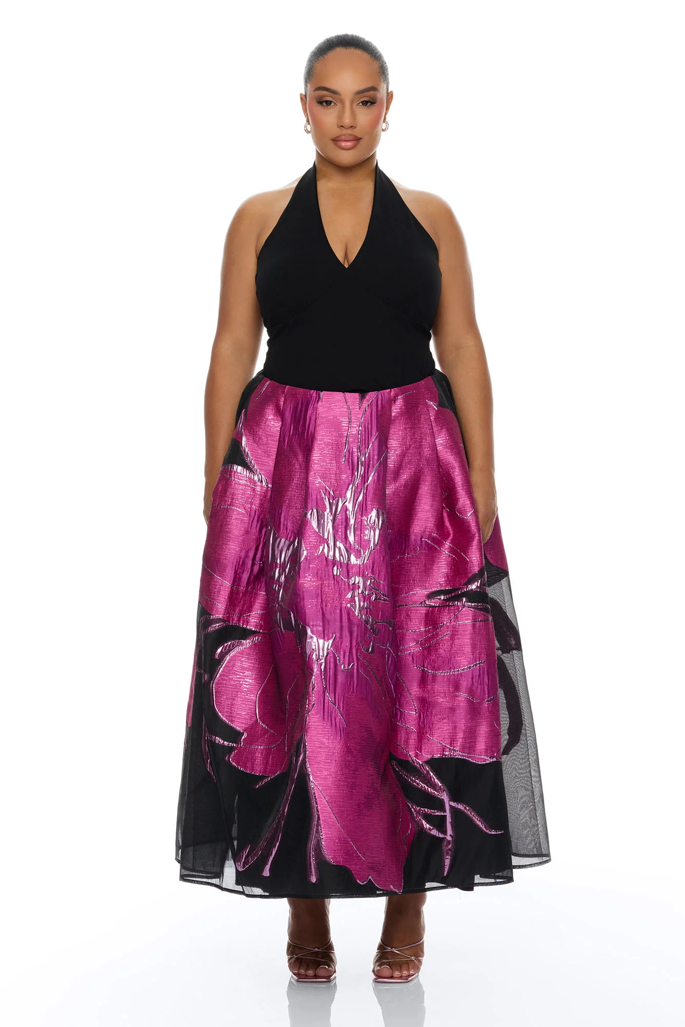Tea Party Halter Jacquard Maxi Dress - Magenta/combo - Image 5