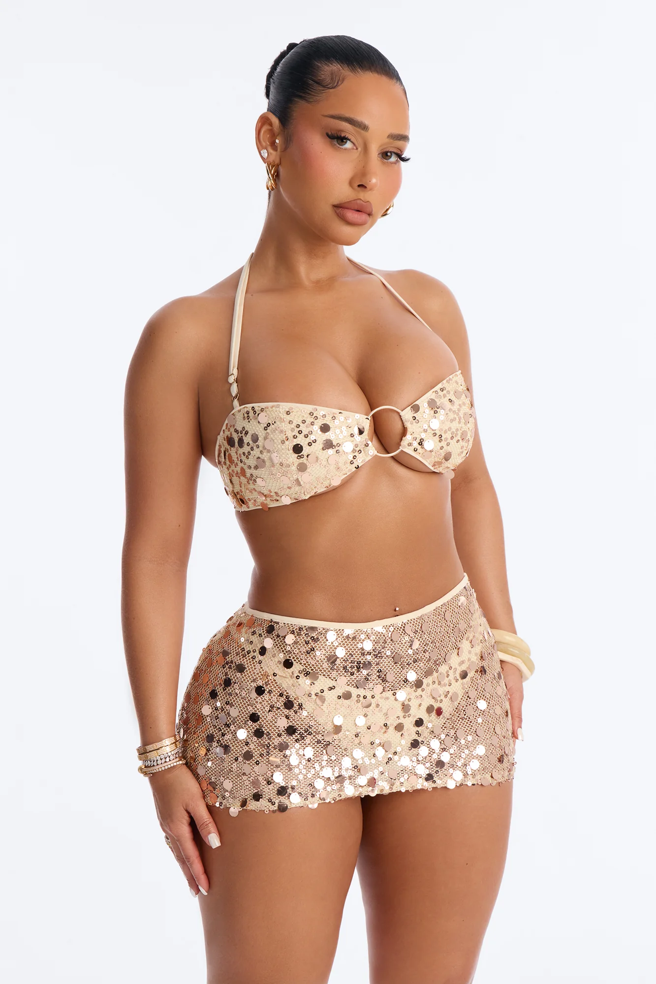 Teagan 3 Piece Sequin Halter Bikini & Cover Up Mini Skirt Sunsuit - Gold - Image 3