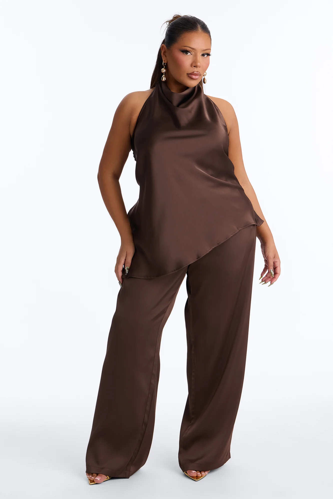 Teagan High Neck Satin Halter Top - Chocolate - Image 5